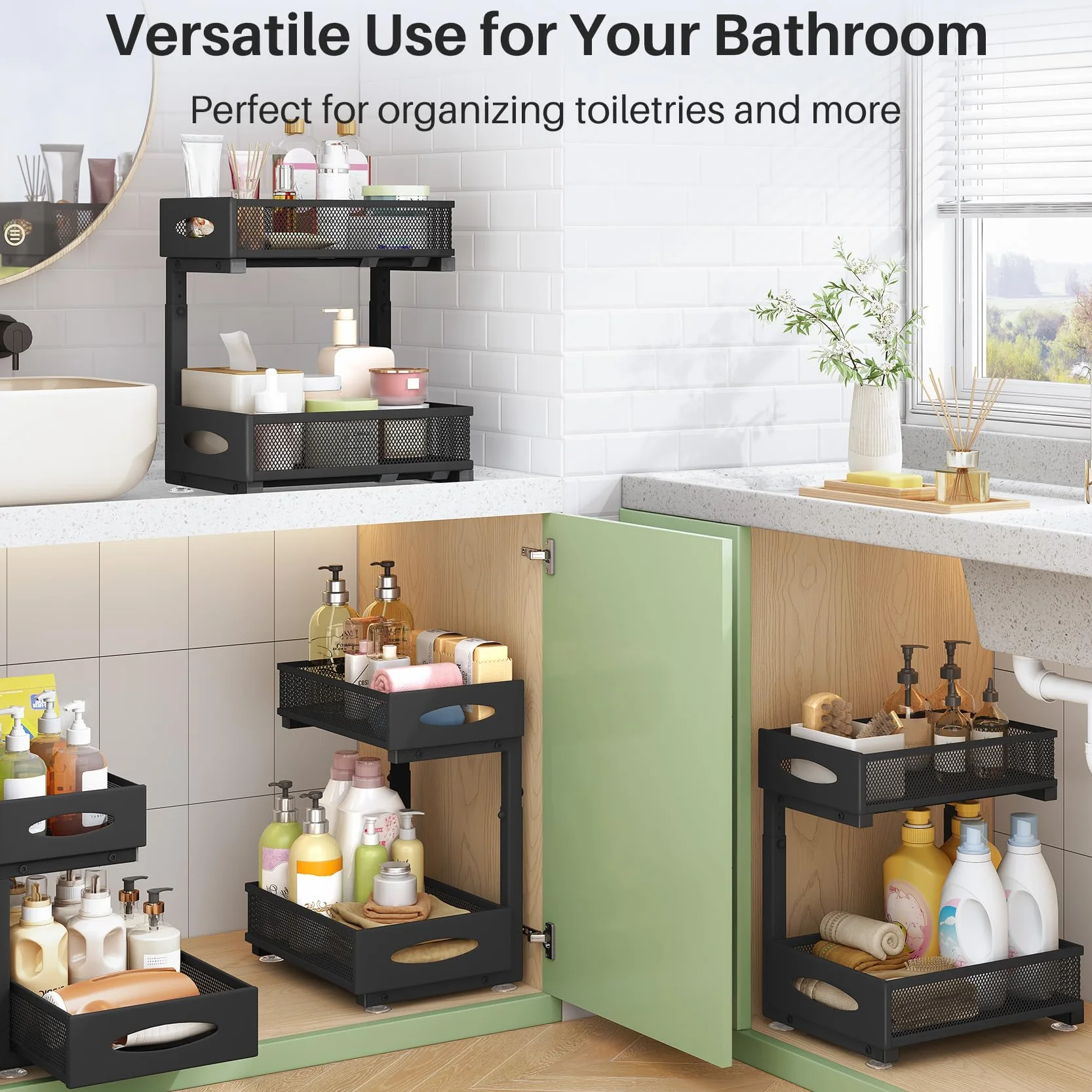 Kitstorack Organizador Bajo Fregadero de Metal 2 Niveles Cajones Deslizantes Altura Ajustable Negro