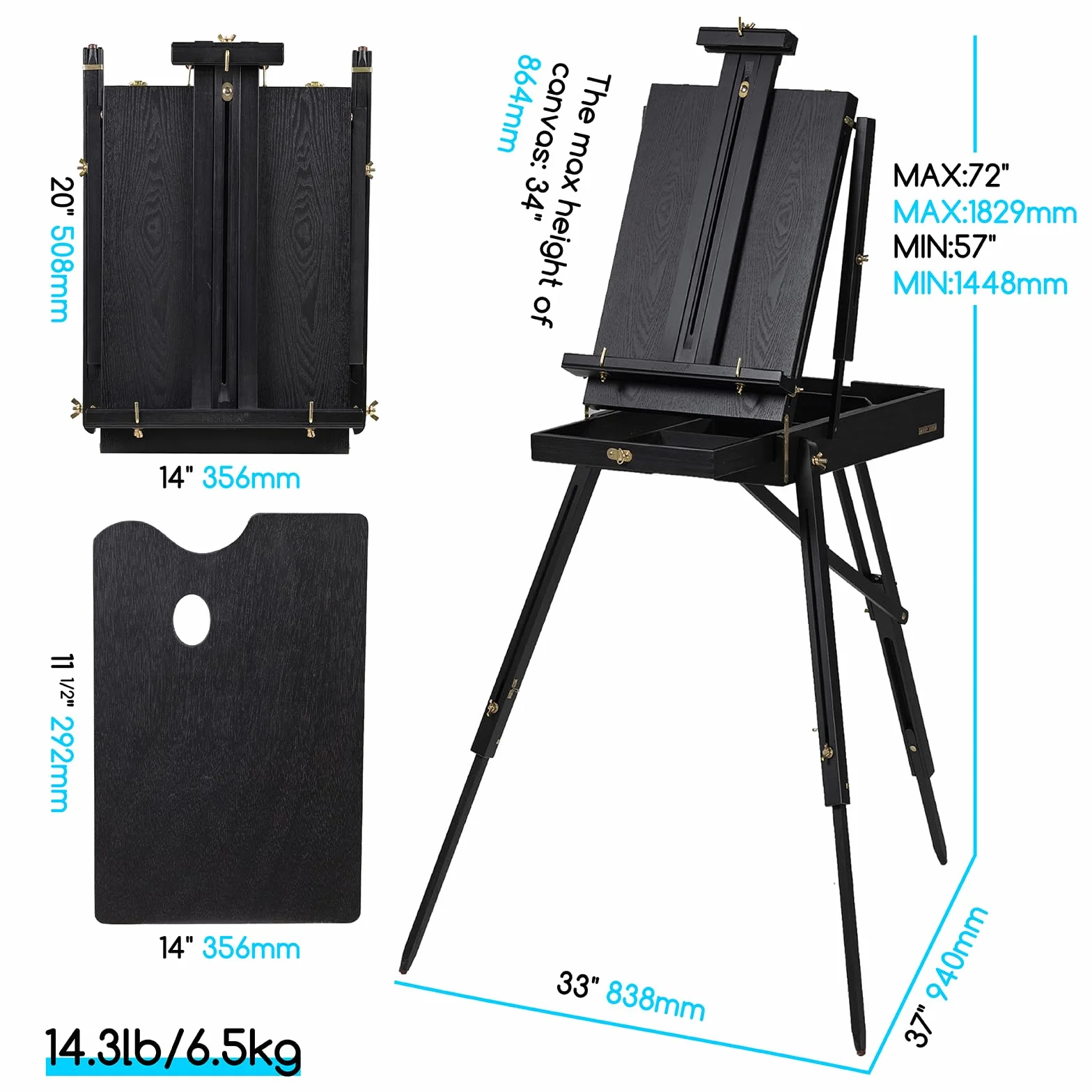 MEEDEN Caballete Francés para Pintura al Aire Libre: Negro, Pino, Estilo Francés, Easel de Trípode, Ajustable en Altura y Ángulo
