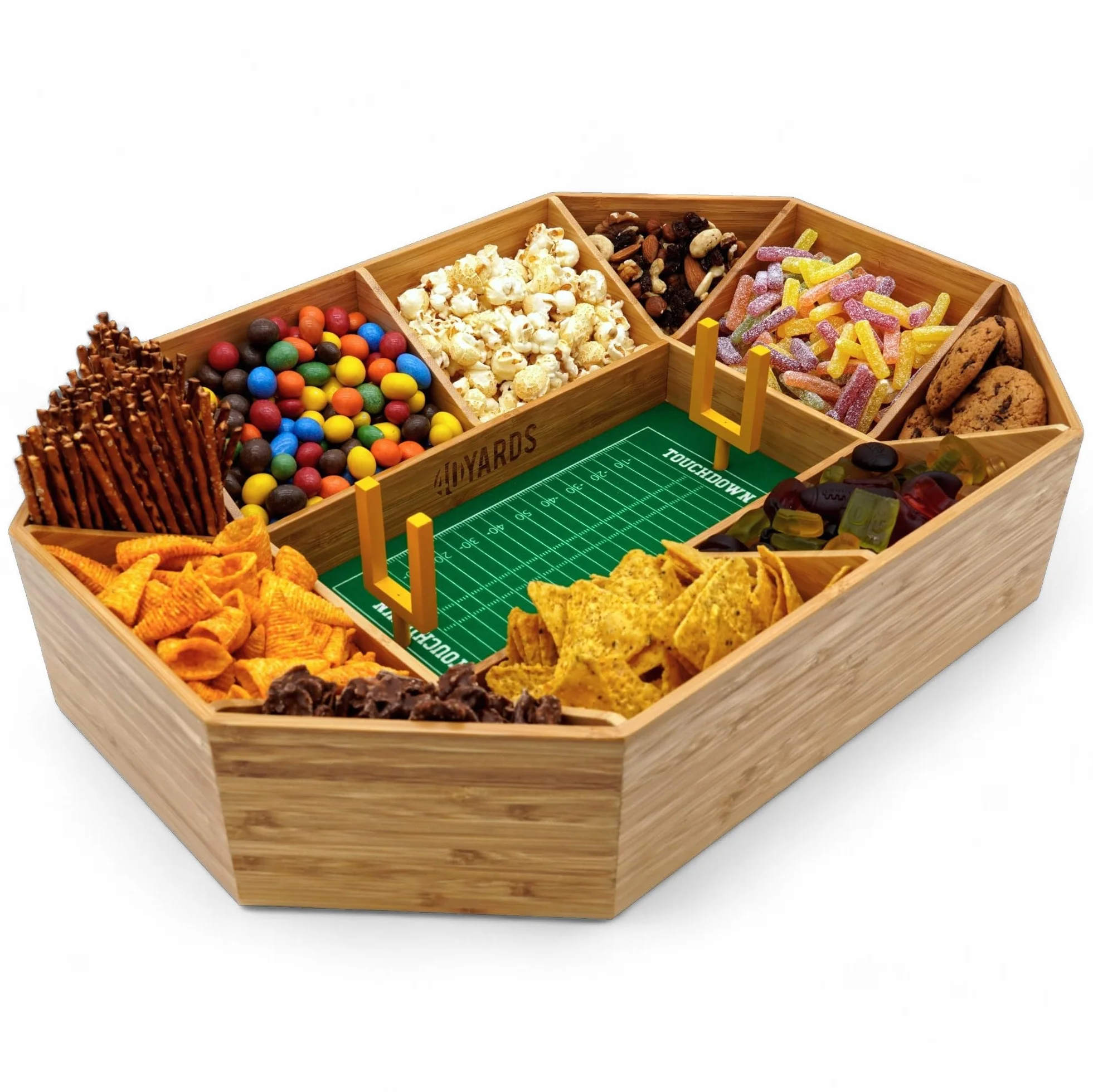 40YARDS American Football Snack Stadium - Estadio para aperitivos de madera de bambú + fieltro (suave) con marcas y 2 goles de campo amarillos | Tamaño: 50 x 36 cm | Construido | Estadio de Football