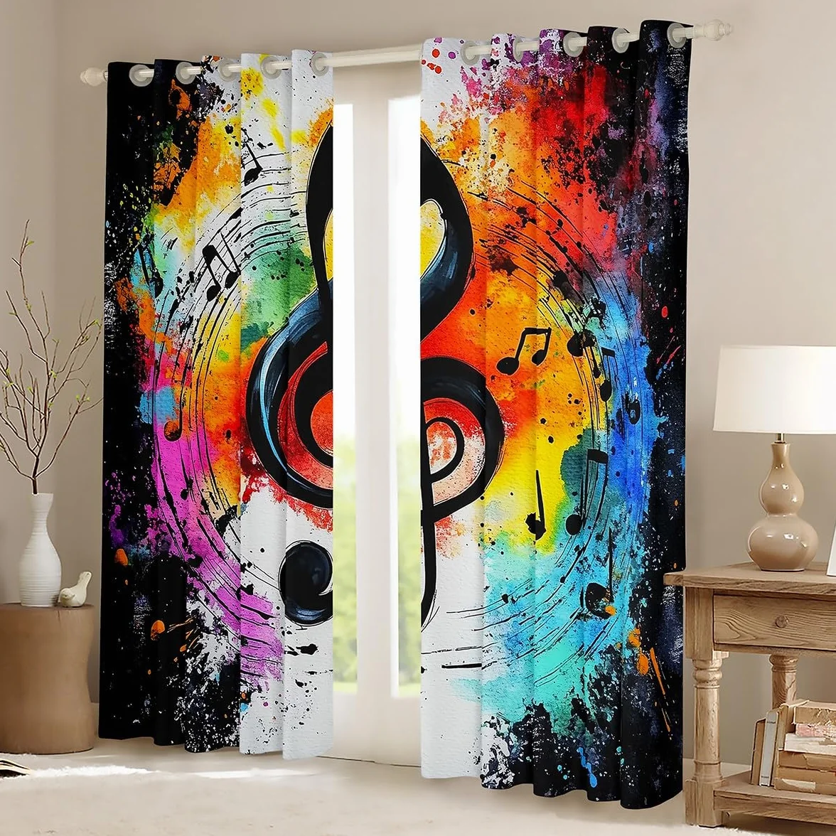 Cortinas de ventana para niños, diseño de graffiti teñido anudado, moderno, para niños y niñas, tema de música hip pop, rock, negro, blanco, tratamiento de ventana, juego de 2 paneles con