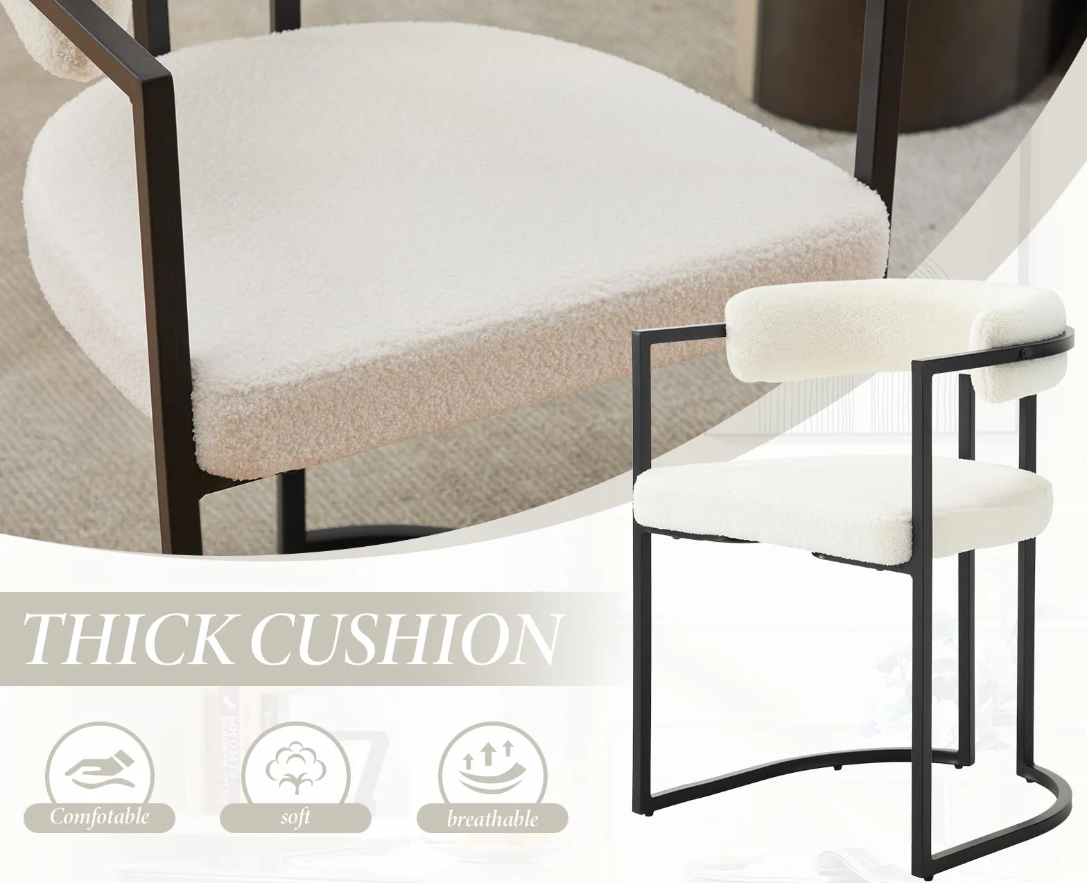 chairus Juego de 2 Sillas de Comedor de Lana Sintética Silas Laterales con Respaldo Curvado, Silla de Cocina con Marco de Metal Silla Decorativa Moderno para Hogar/Restaurante, Blanco