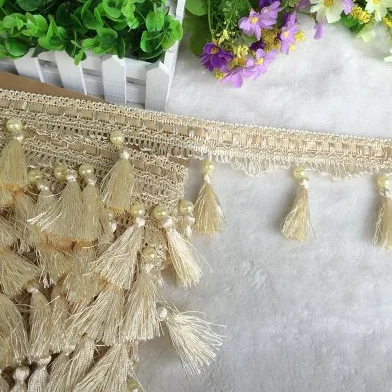 Borde de flecos con cuentas de 12 yardas - Trenza de poliéster duradera(Beige)