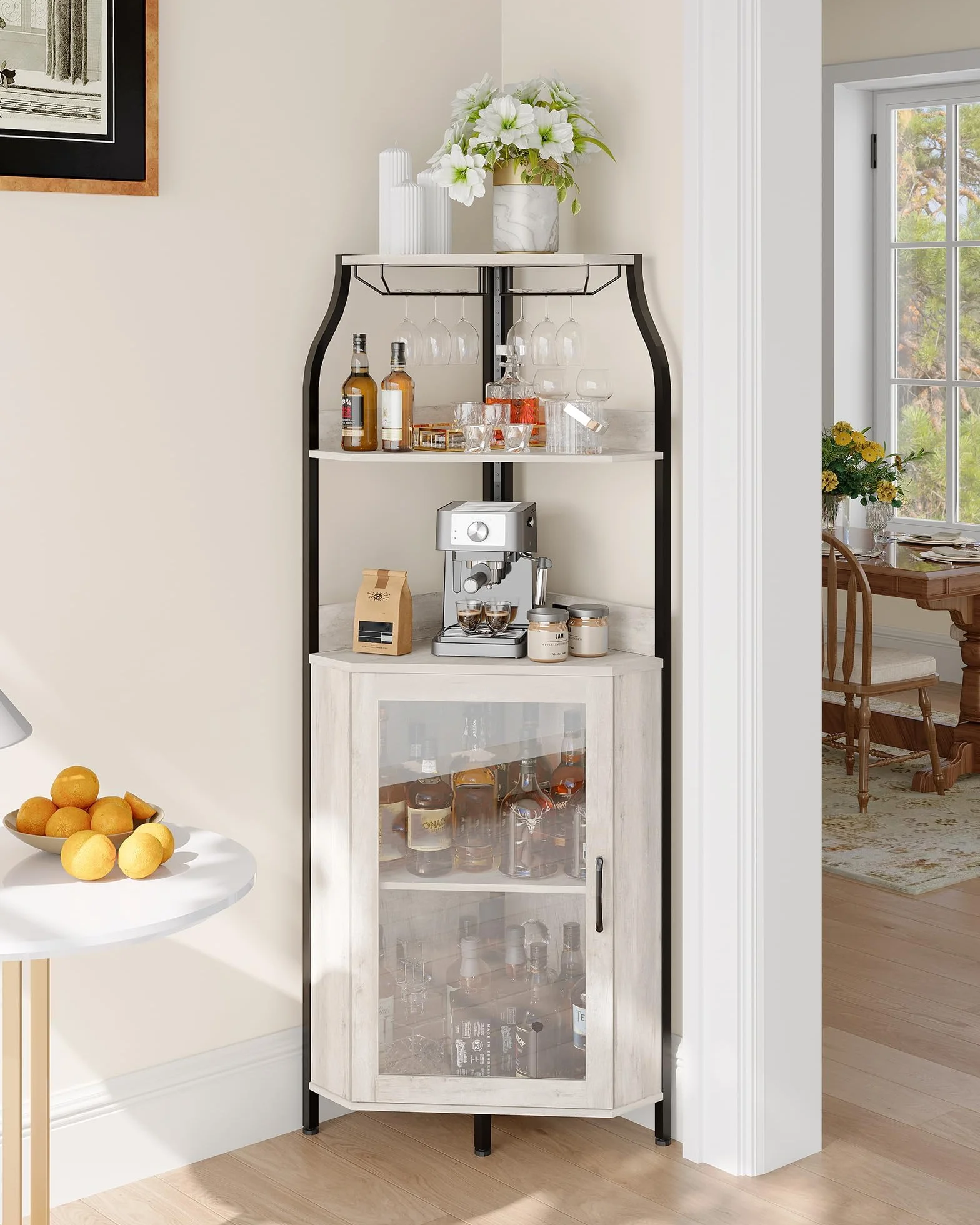 Zstar Mueble Bar, Vitrina para Vinos De MDF Curvado con Luces LED, Vitrina Independiente De 4 Niveles con Puerta De Cristal para Bar En Casa，Gris.