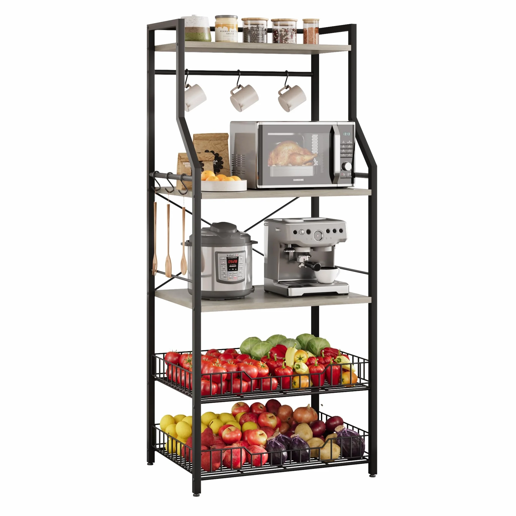 Garvee Estante de cocina de 5 niveles con soporte para microondas, incluye 2 cestas de alambre grandes, 8 ganchos y estantes de almacenamiento industriales para barra de café, perfecto para cocina o
