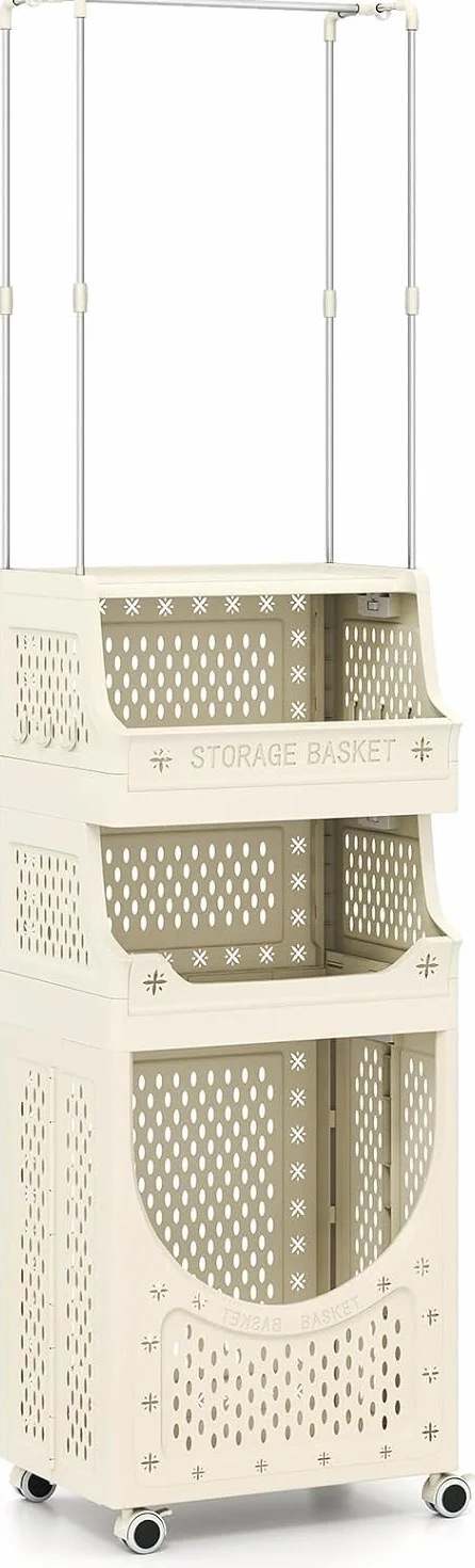 GIANTEX Cesto Ropa Sucia con Ruedas, Cesta de Lavandería Plegable con Copartimentos Abiertos, 6 Ganchos, Carrito de Almacenamiento para Baño, Dormitorio (81 L+Barra)