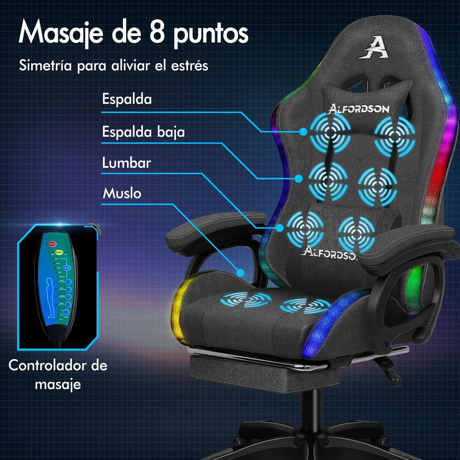 ALFORDSON Silla Gaming con Masaje y LED, Silla Gamer Ergonómica con Cojín Lumbar y Cervical, Reposapiés Telescópico, Iluminación para Ordenador, Videojuego, Juegos, Oficina, Lino(Gris Oscura)