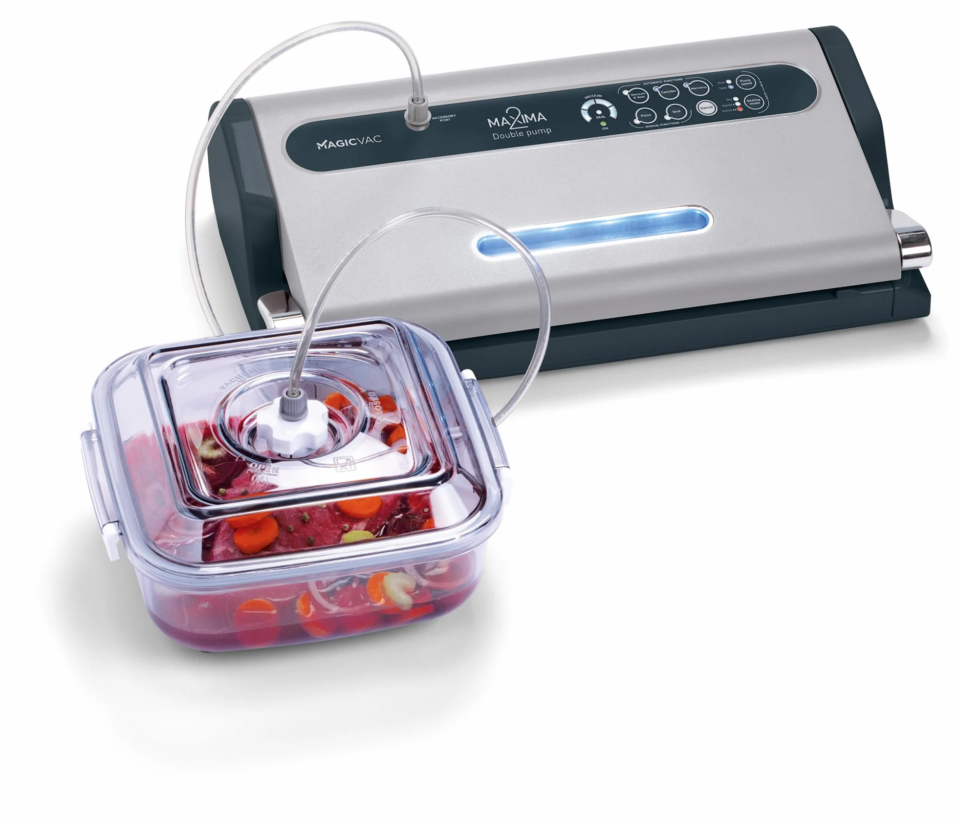 Magic Vac Maxima 2, Máquina Envasadora al Vacío Multifunción para Bolsas al Vacío, Sellado Profesional para Cocinar, Marinar, Sistema Patentado Hecha en Italia, Color Plateado Negro