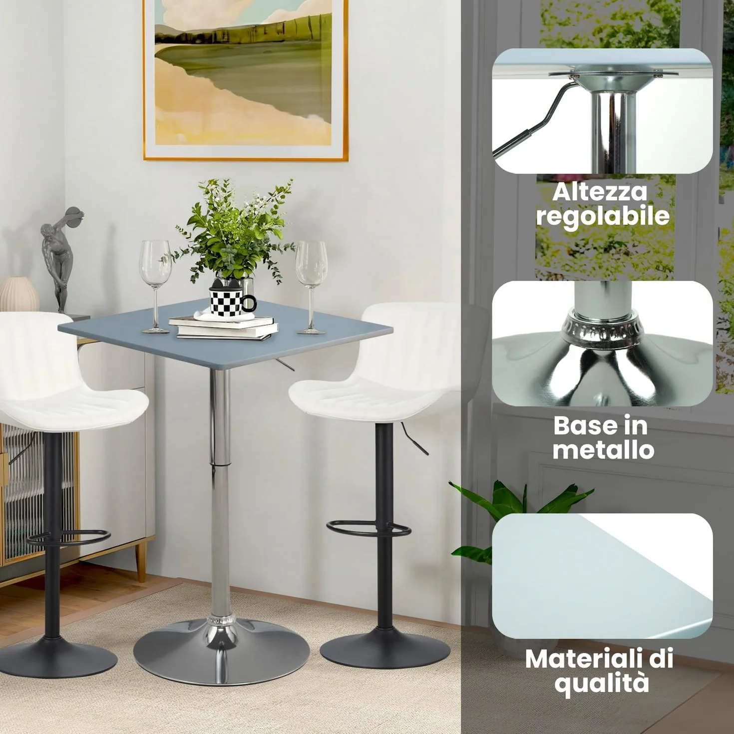 Brigros WeHome - Mesa de Bar, Mesa Alta, Mesa de salón Ajustable en Altura, Mesa Cuadrada o Mesa Redonda, Mesa de Cocina (Gris, Cuadrado)