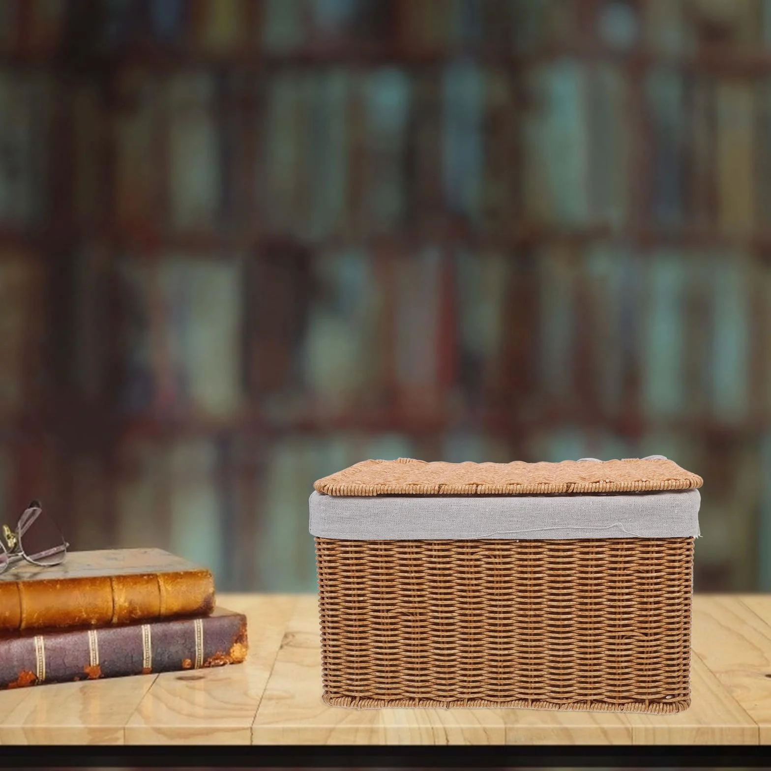 Cesta Grande de Mimbre con Tapa y Forro, Cesta de Almacenamiento Rectangular con Asas Dobles para Ropa, Libros y Organización en Hogar, Cocina y Baño (36x26x21 Cm)