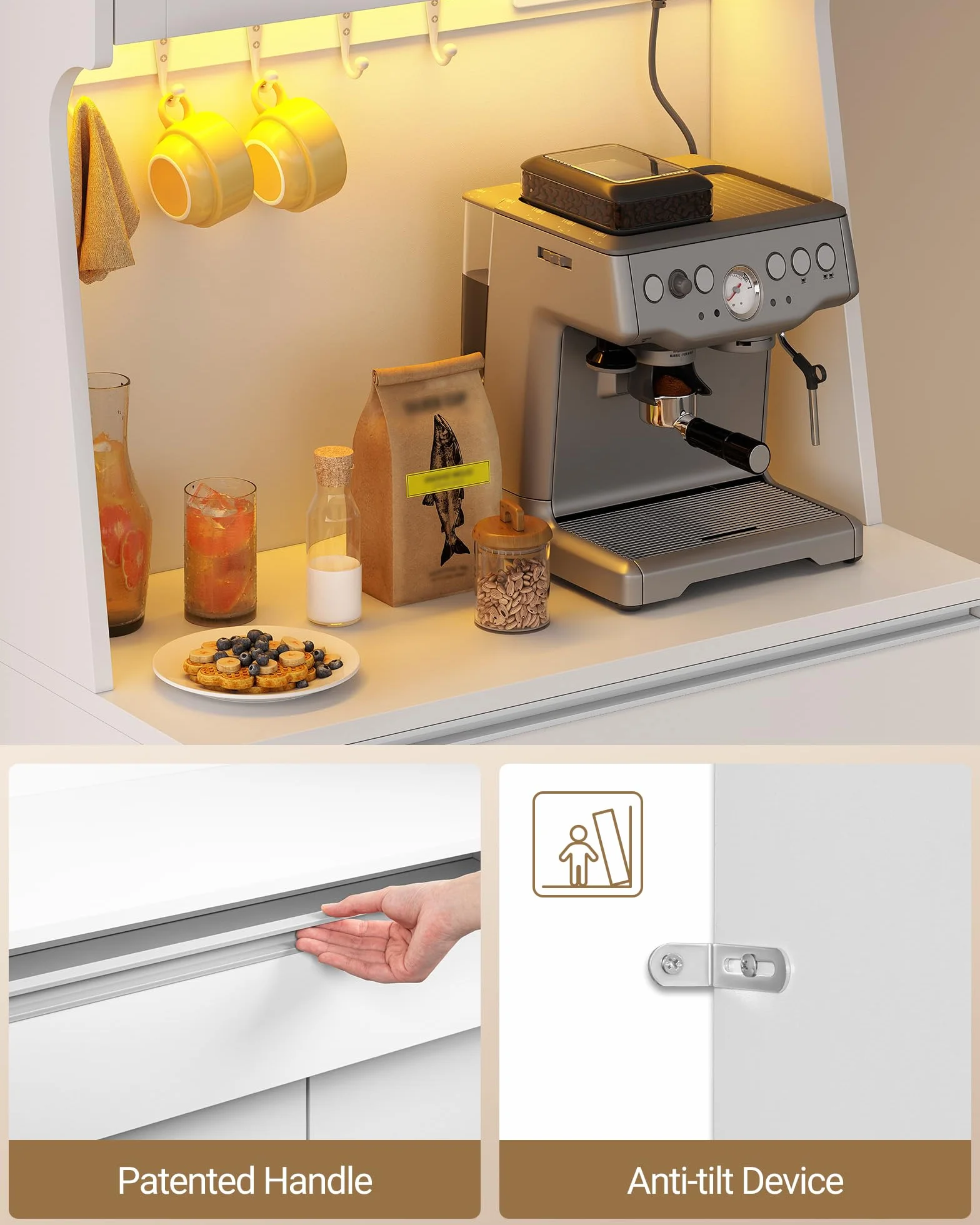 Armario de Cocina con Regleta de Enchufes y Tira de Luz LED, Encimera y 4 Armarios, Estantes Regulables, 40x75x180cm, Blanco