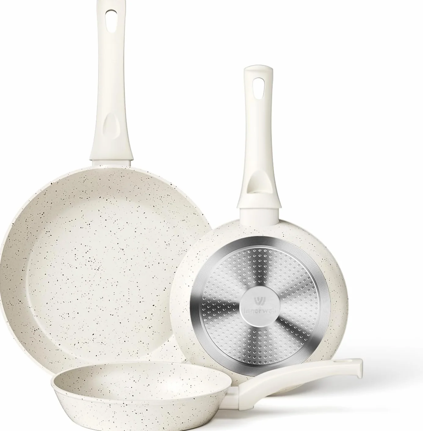 Innerwell Juego de 3 sartenes antiadherentes 20 + 24 + 28 cm, sartén de inducción con revestimiento antiadherente cerámico, sin PFOA, apto para horno y lavavajillas, Blanco