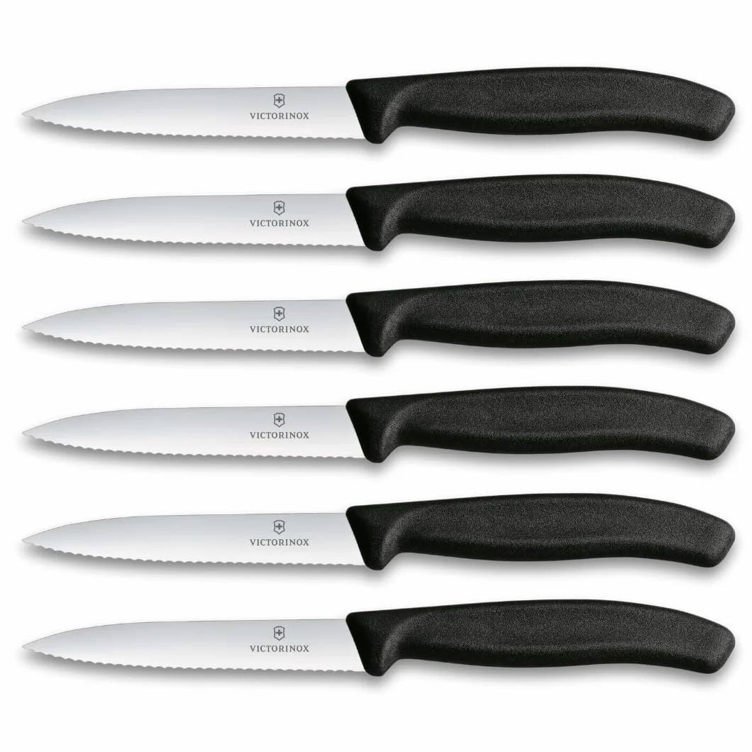Victorinox Swiss Classic Set profesional de cuchillos para verduras, 6 piezas, cuch. universal, filo dentado y afilado, 10 cm, mango de plástico robusto, negro