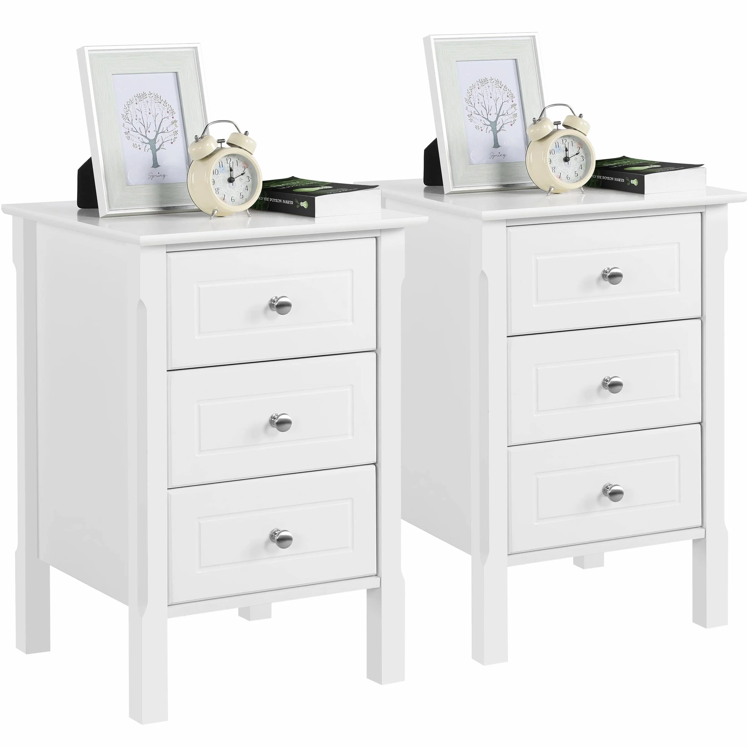 Yaheetech 2pcs Mesitas de Noche Blancas Mesilla de Noche Madera con Tres Cajones Mesillas Auxiliares de Estilo Moderno para Dormitorio Salon 40x40x60cm