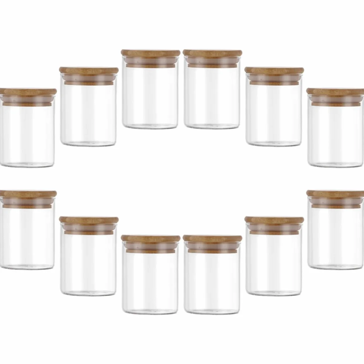 Zerodeko Juego de 12 Botes de Vidrio 250ml con Tapa de Bambú | Cierre Hermético, para Cereales, Arroz, Azúcar, Té y Café, Almacenamiento de Cocina, Formato Compacto