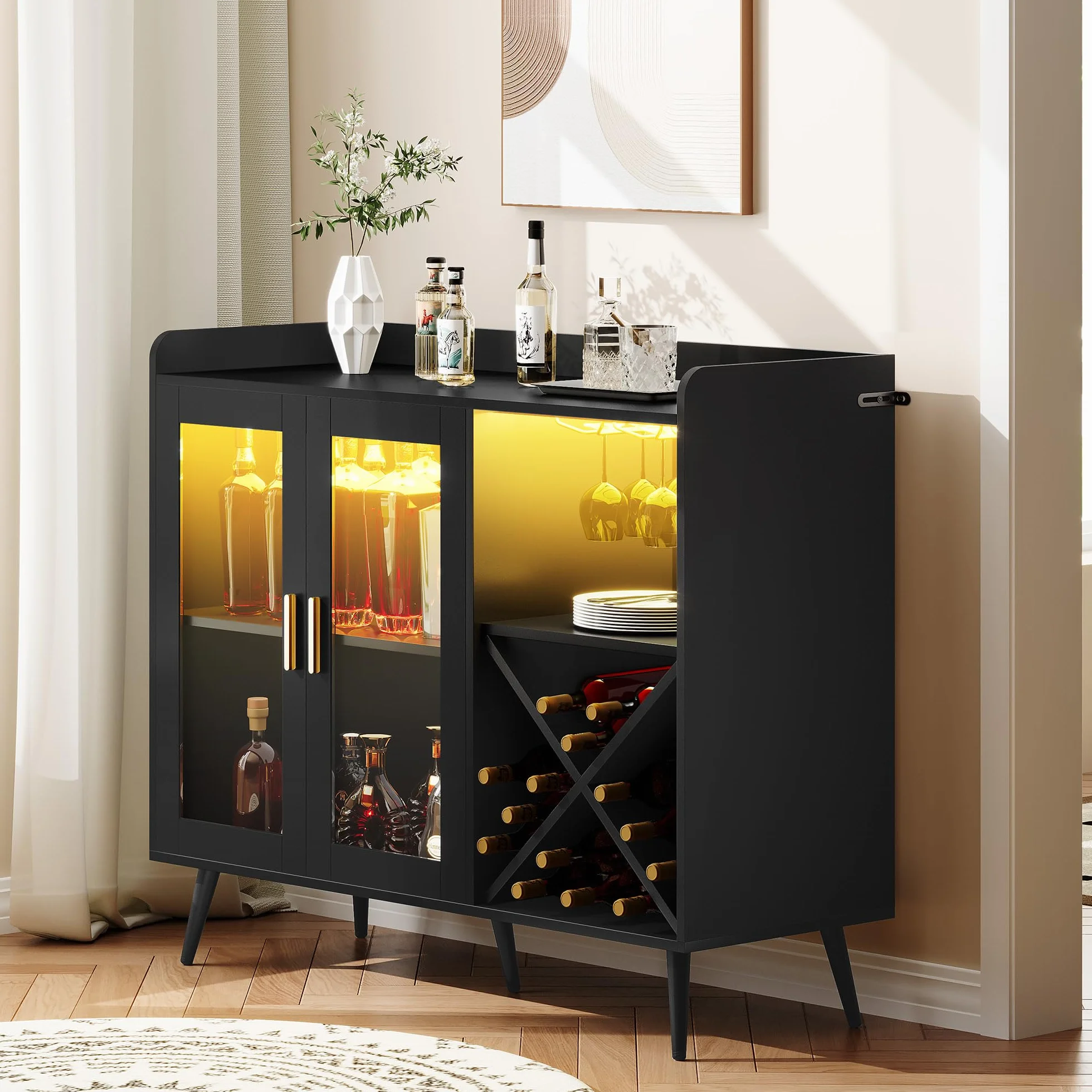 YITAHOME Gabinete de Bar con Luces LED Ajustables, Barra de café con Estante para Vino y Ganchos y Armario de Puerta acrílica, aparador de Buffet de Cocina para el hogar, Bar, Comedor, Sala de Estar