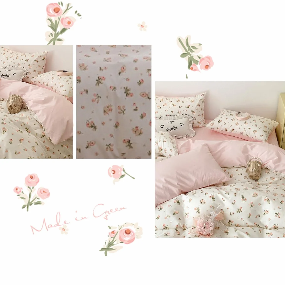 Lanqinglv Ropa de cama de 200 x 220 cm, color rosa y blanco con flores y hojas, reversible, para alérgicos, juego de ropa de cama Aesthetic ÖKO-TEX con funda nórdica con cremallera y 2 fundas de