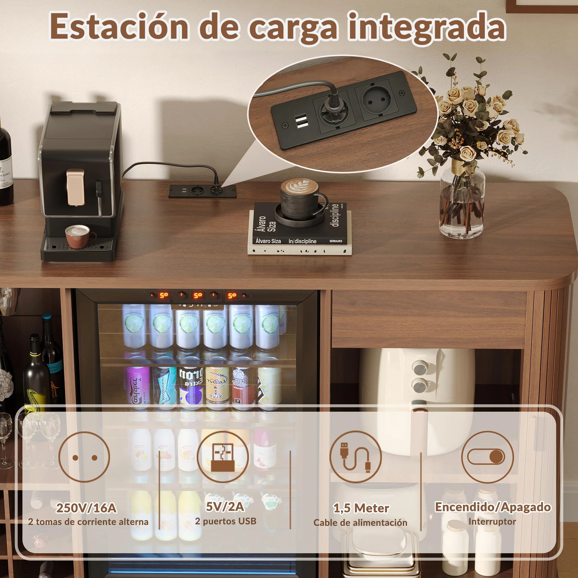 Aparador buffet estriado de 130 cm de largo, mueble bar de café con espacio para refrigerador,mueble bar de vinos retro con puertas enrollables,estantes ajustables y botellero para cocina y comedor