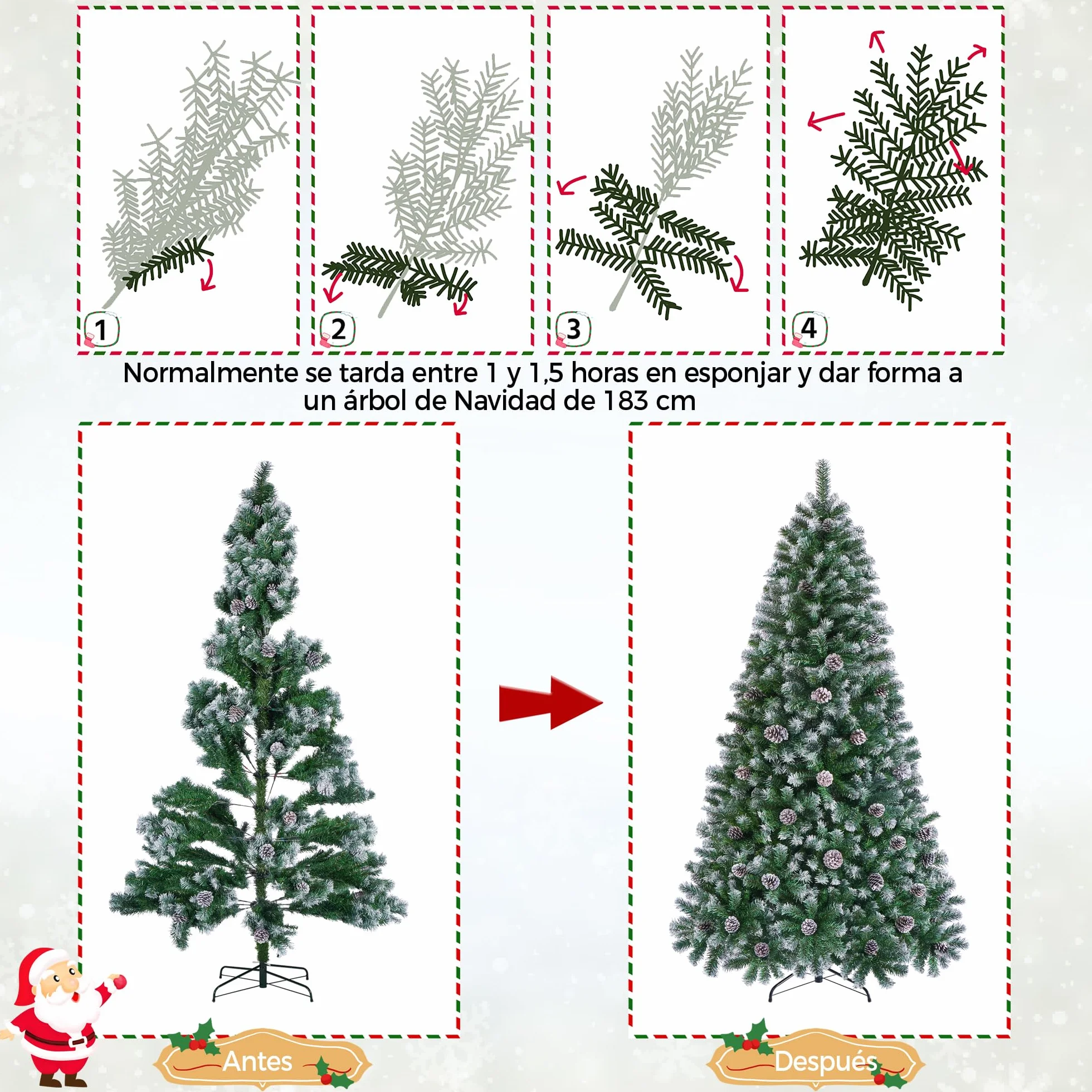 Yaheetech 183cm Árbol de Navidad Nevado Artificial 920 Puntas con 64 Frutas de pinos Soporte Metálico Plegable para Decoración Casa Oficina Fiestas Festivas