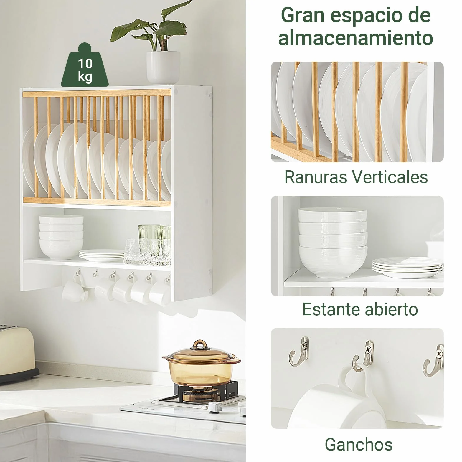 SoBuy Escurreplatos Blanco de Pared para 11 platos, 7 ganchos, 64x71x24cm | Soporte para Platos con estante adicional, seca vajilla & ahorra espacio, carga 10 kg, MDF/madera, cocina & comedor, KCR09-W