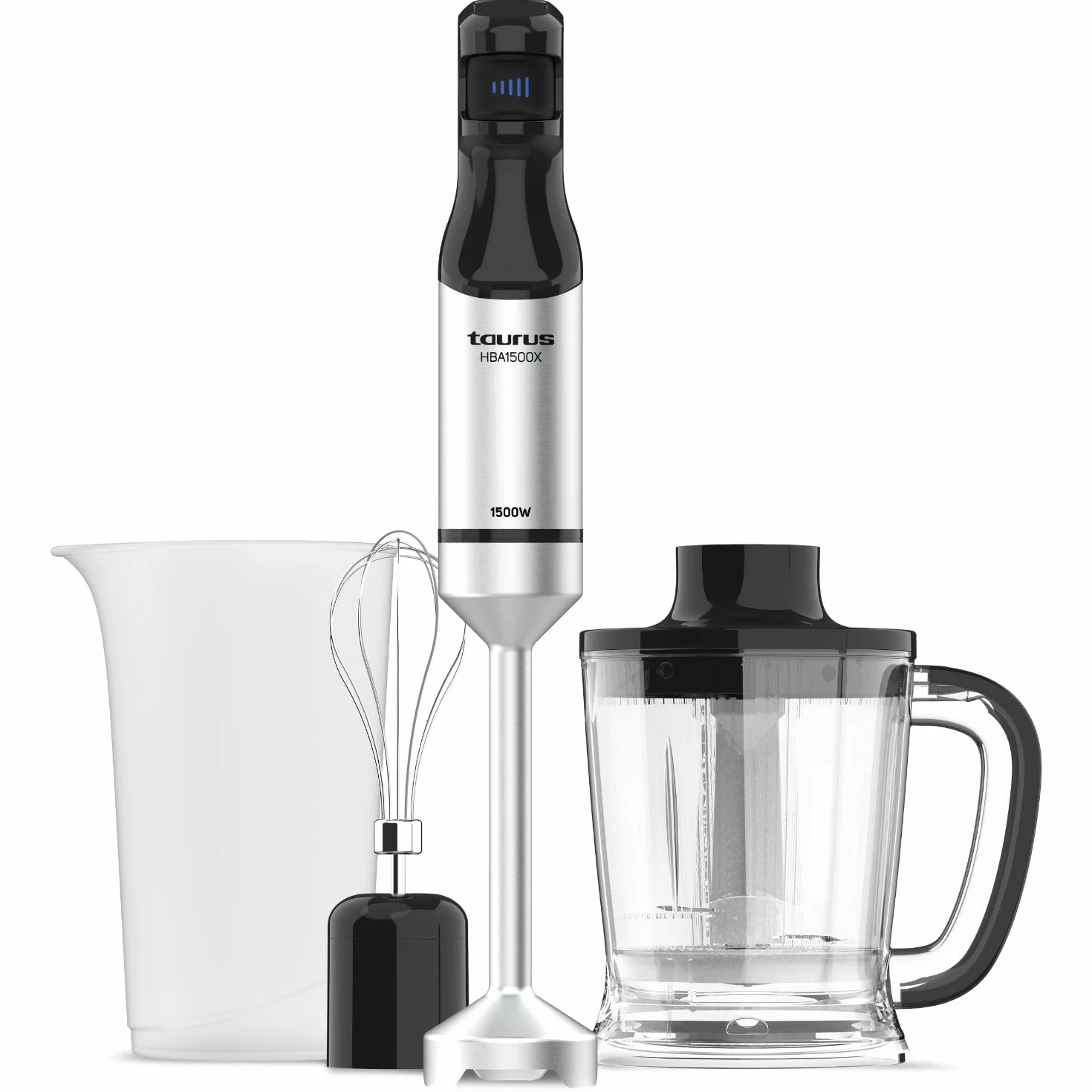 Taurus - Batidora de mano | 1500W Potencia | Regulador de 20 velocidades ajustable | Función Turbo | Cuchillas de acero inoxidable | Pica hielo | Diseño ergonómico | Vaso medidor 700 ml | Inox