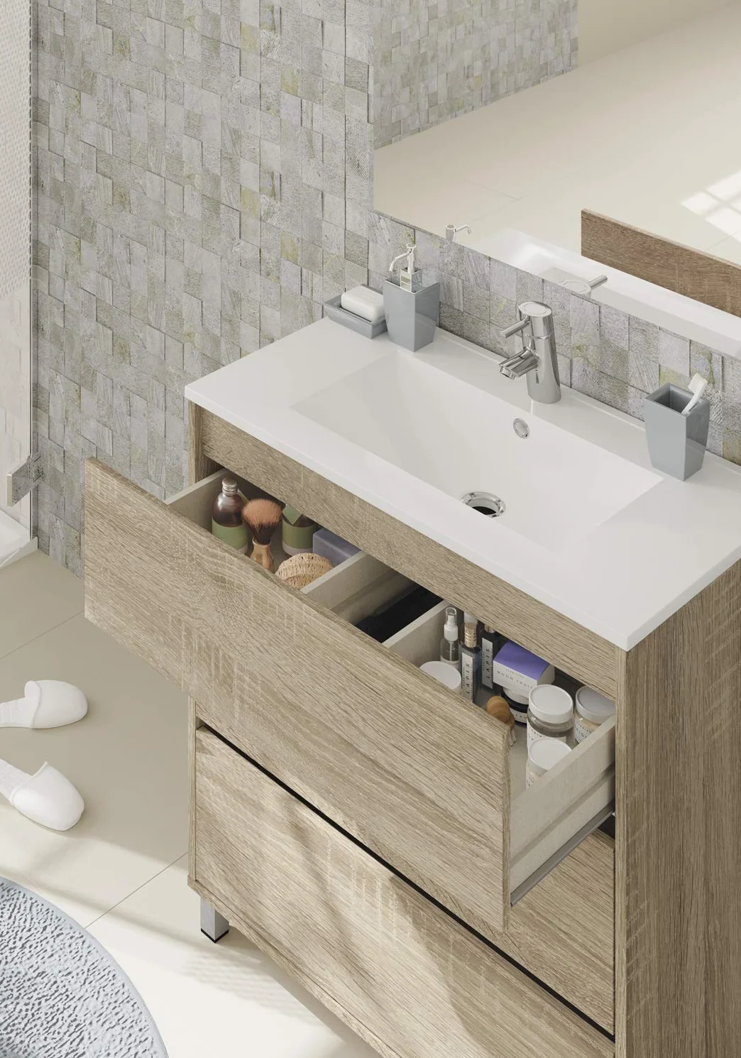 MUEBLES PITARCH | Conjunto Mueble de Baño con Lavabo cerámico y Espejo Incluido, 3 Cajones, 80cm Ancho, con Patas, Blanco, para Lavabo encastrado, Estilo Moderno Modelo Kalma
