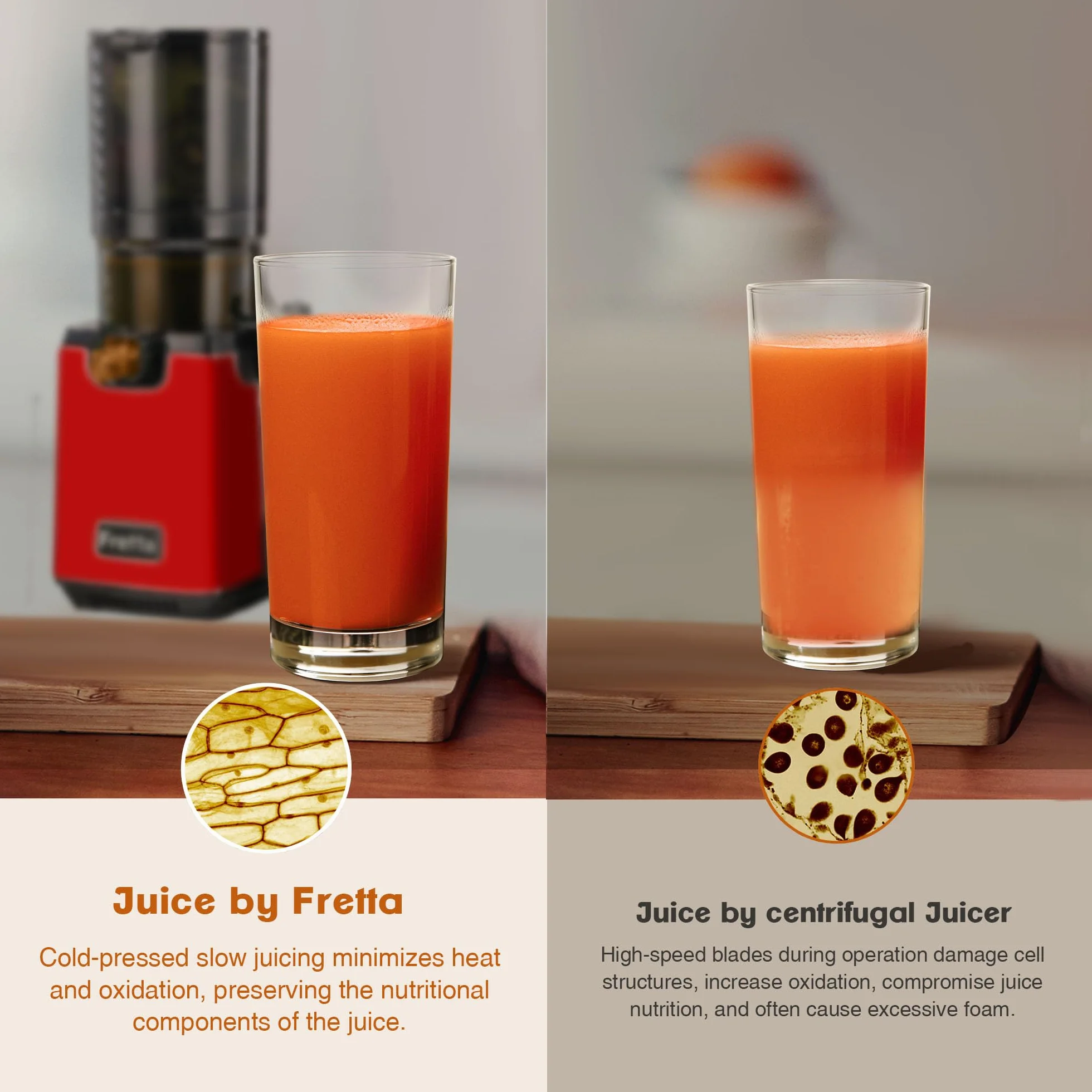 Fretta extractor de zumos y verduras,Exprimidor de Frutas y Verduras de 1,8 Litros con Triple Filtro,250W,fácil de instalar,desmontar y limpiar,Base de acero inoxidable (Rojo Puro)