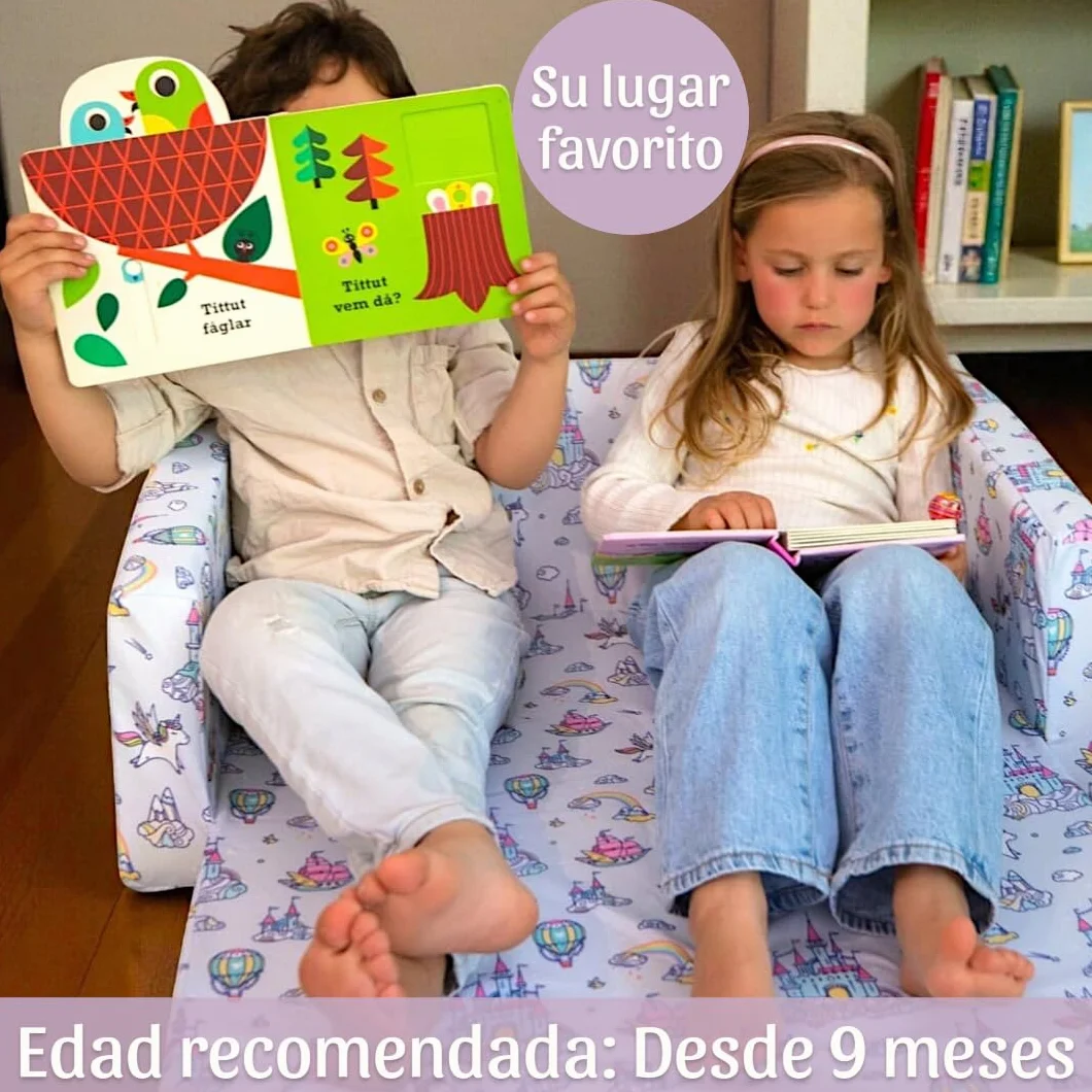 Sofá infantil plegable 2 en 1 de espuma alta densidad (25 kg/m³) - Sillón infantil ligero 2 kg, desenfundable, seguro, OEKO-TEX, Montessori desde 9 meses, no comprimido al vacío. (UNICORNIOS)