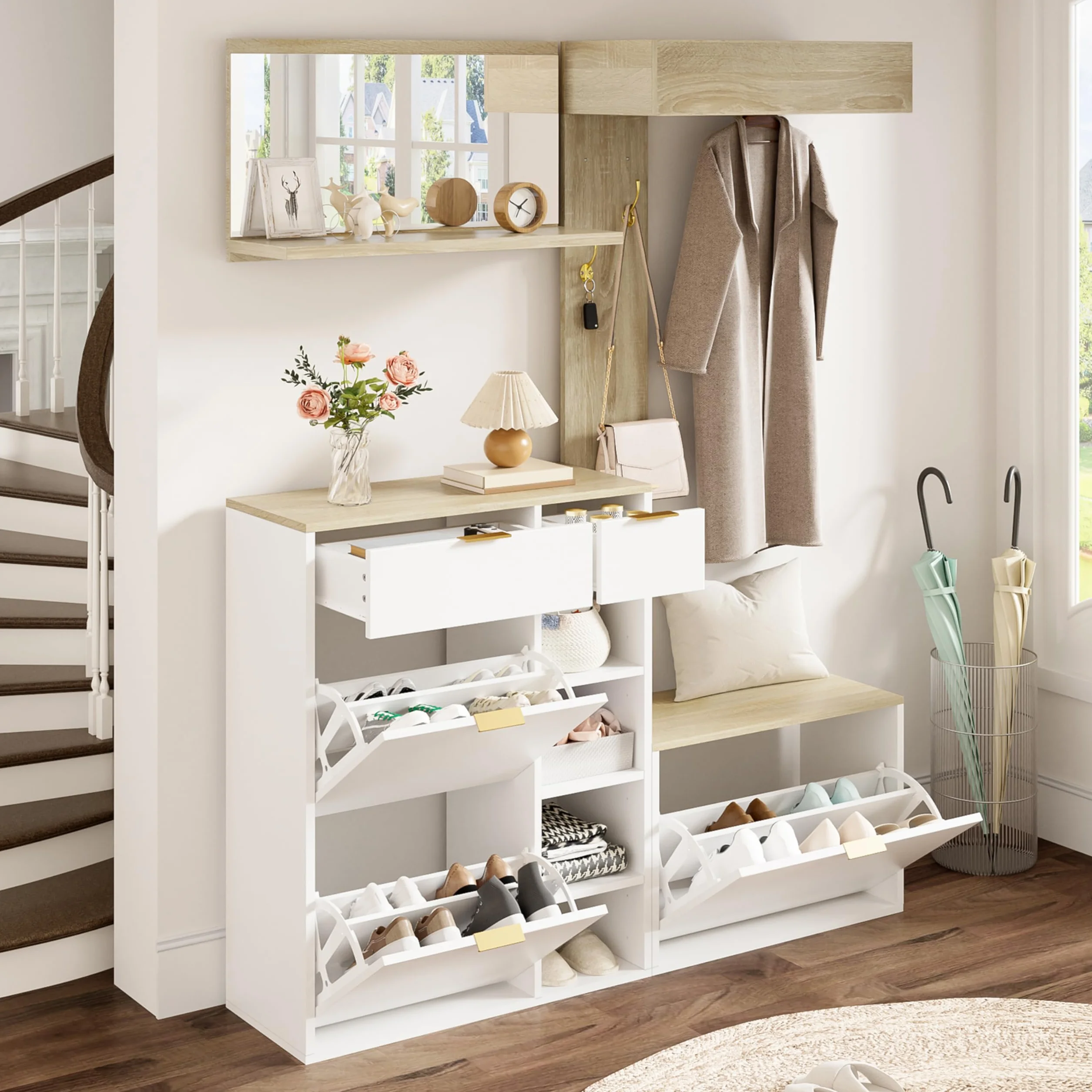 Conjunto de Recibidor de Entrada con Espejo y Ganchos, Perchero de Pared con Banco Zapatero, Juego de Mueble Recibidor con Cajones y Espacio de Almacenamiento, 174x130x30 cm, Natural + Blanco