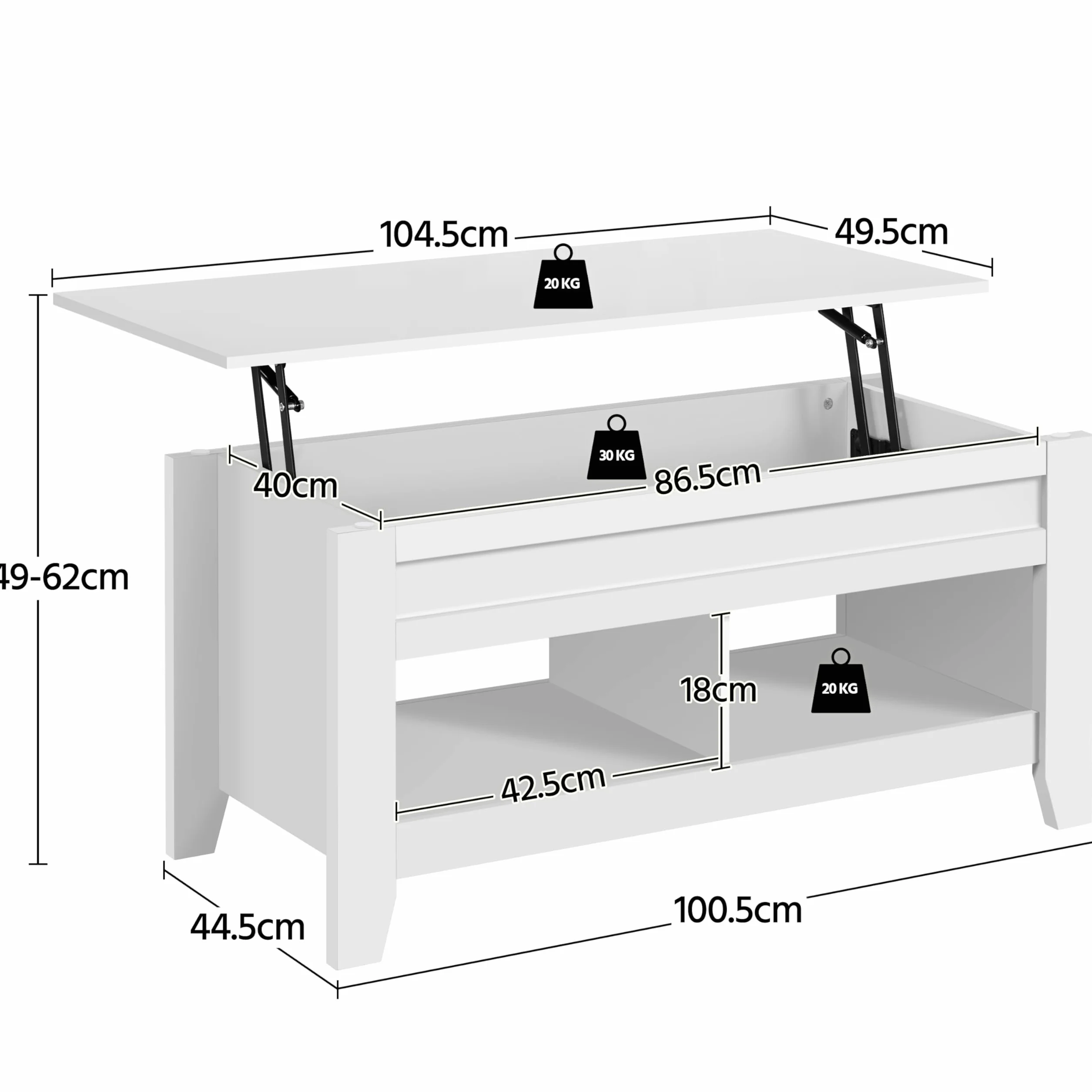 Yaheetech Mesa Centro Elevable de Madera Mesa de Café para Salón con Revistero Mueble de Diseño Moderno 104.5 x 49.5 x (49-61.5) cm Blanco