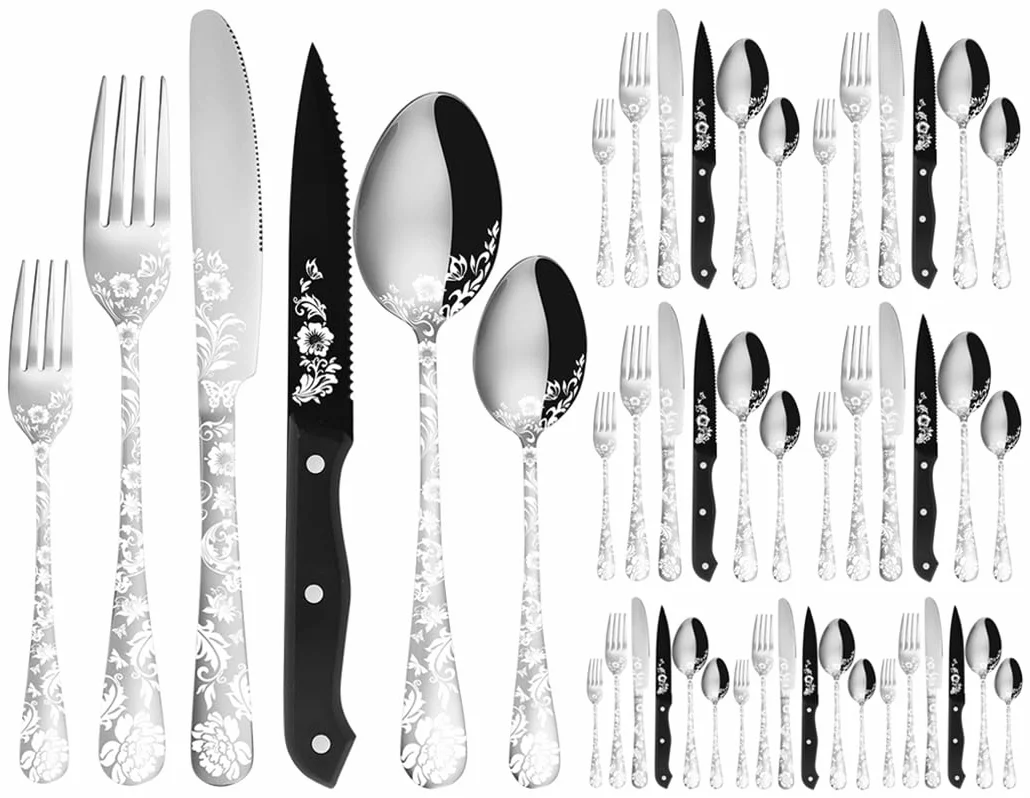 XIAOYU Juego de Cubiertos de 48 Piezas con Cuchillos para Carne, Juego de Cubiertos de Acero Inoxidable para 8 Personas, Juego de Cucharas, Tenedores y Cuchillos con láser único de Flor de peonía