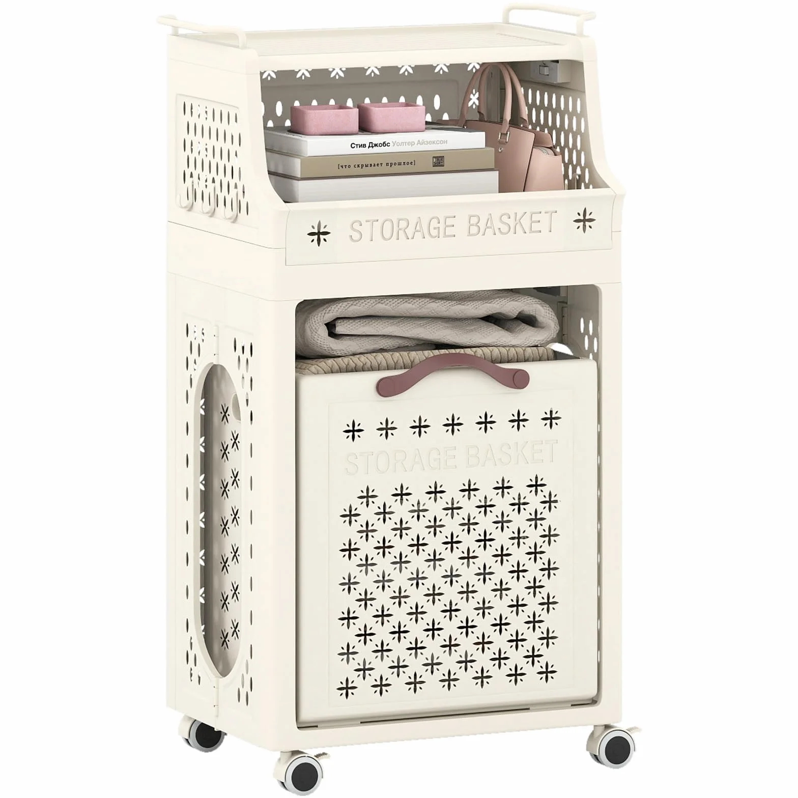 LIFEZEAL - Carrito de lavandería plegable de 3/4 niveles, cesta de ropa con ganchos, ruedas, carrito de almacenamiento móvil para lavandería, cuarto de baño, dormitorio (Beige2, 3 niveles sin barra de