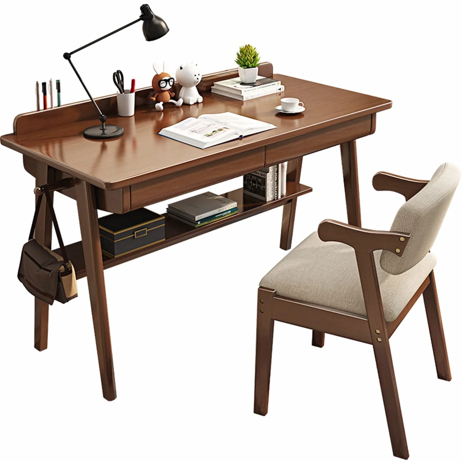 SDdPulse Escritorio de madera maciza, escritorio simple de madera para computadora con cajón, escritorio moderno y duradero para escuela, familia o sala de estudio. Una silla, 140 cm, B x silla-80 cm