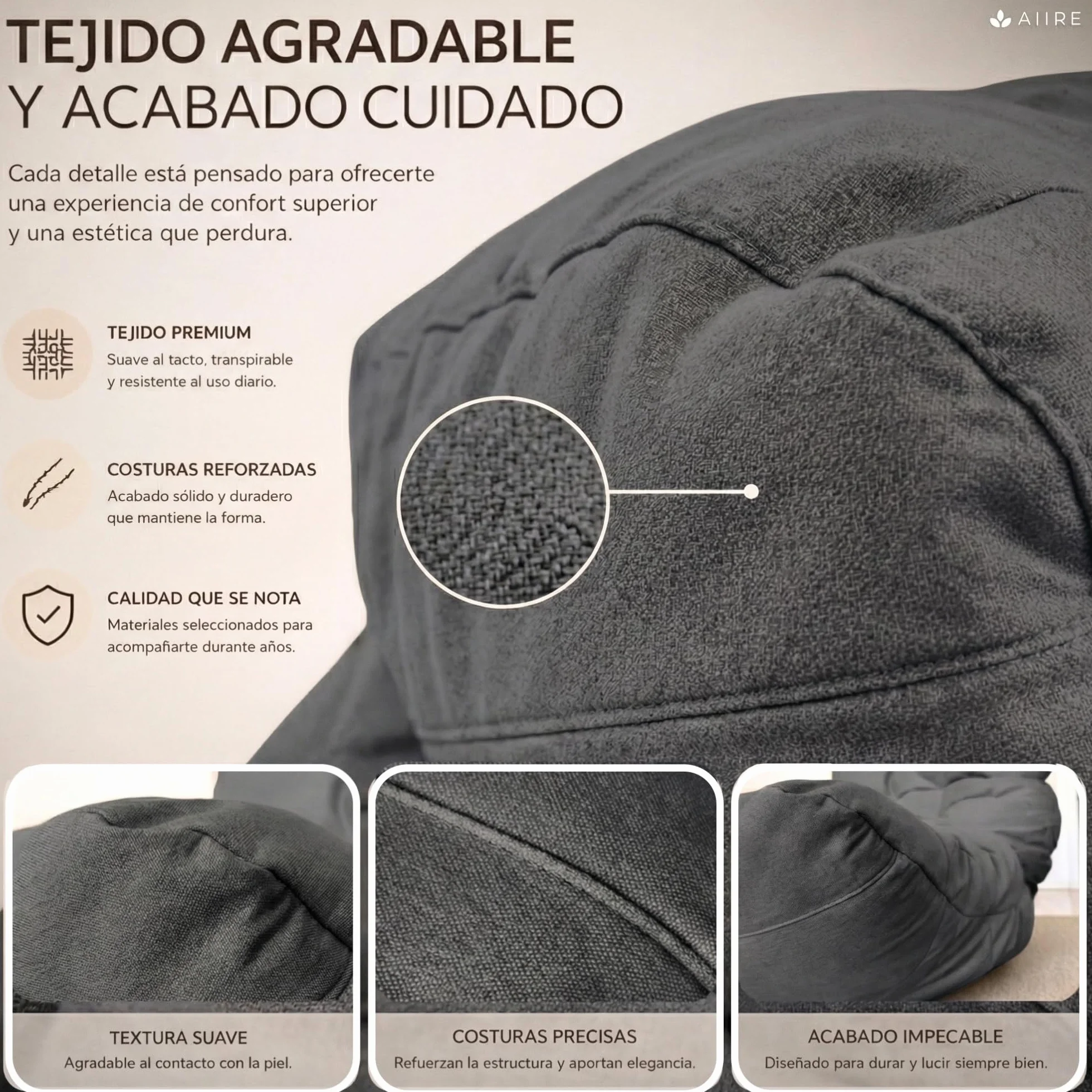 Aiire Puff Salón XXL de Diseño - Sillón Puf con Relleno Incluido para Adulto - Bean Bag Chair Premium para Dormitorio - Funda Desenfundable y Lavable Gris Oscuro