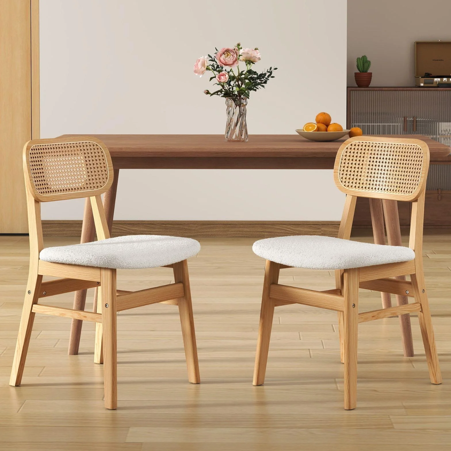 chairus Juego 2 de Sillas de Comedor Madera Maciza Sillas de Cocina con Respaldo Ratán, Sillas Rústica Tapizado en Lana Sintética para Restaurante/Cafetería, Beige