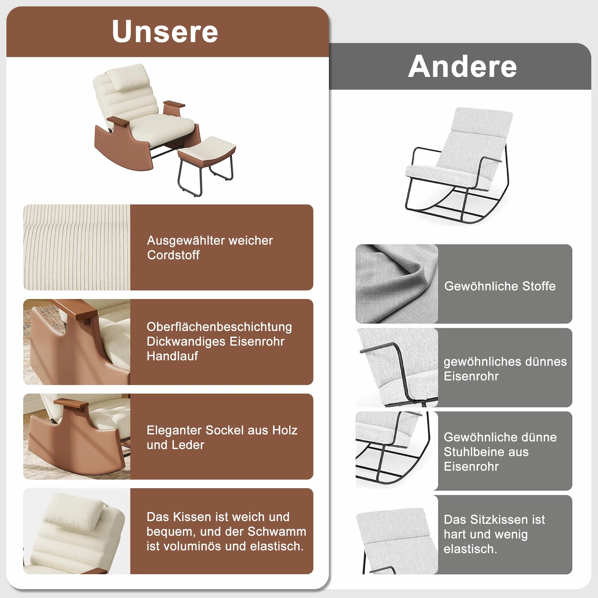 Mecedora con función reclinable y reposapiés, sillón Moderno de Relax con Respaldo Ajustable en 3 Niveles, sillón Mecedora Acolchado con reposacabezas y reposabrazos