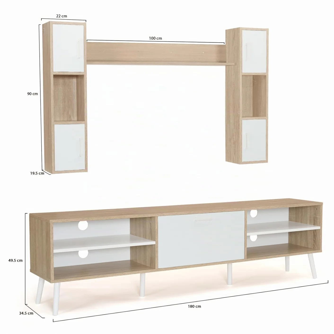 IDMarket - Conjunto de mueble de TV de 180 cm y estantes Houston de madera y blanco