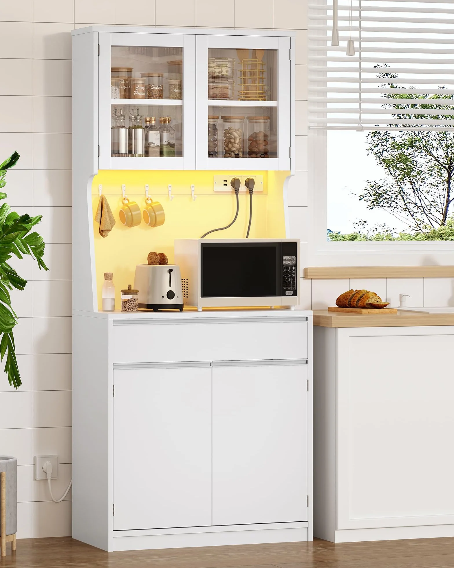 Armario de Cocina con Regleta de Enchufes y Tira de Luz LED, Encimera y 4 Armarios, Estantes Regulables, 40x75x180cm, Blanco
