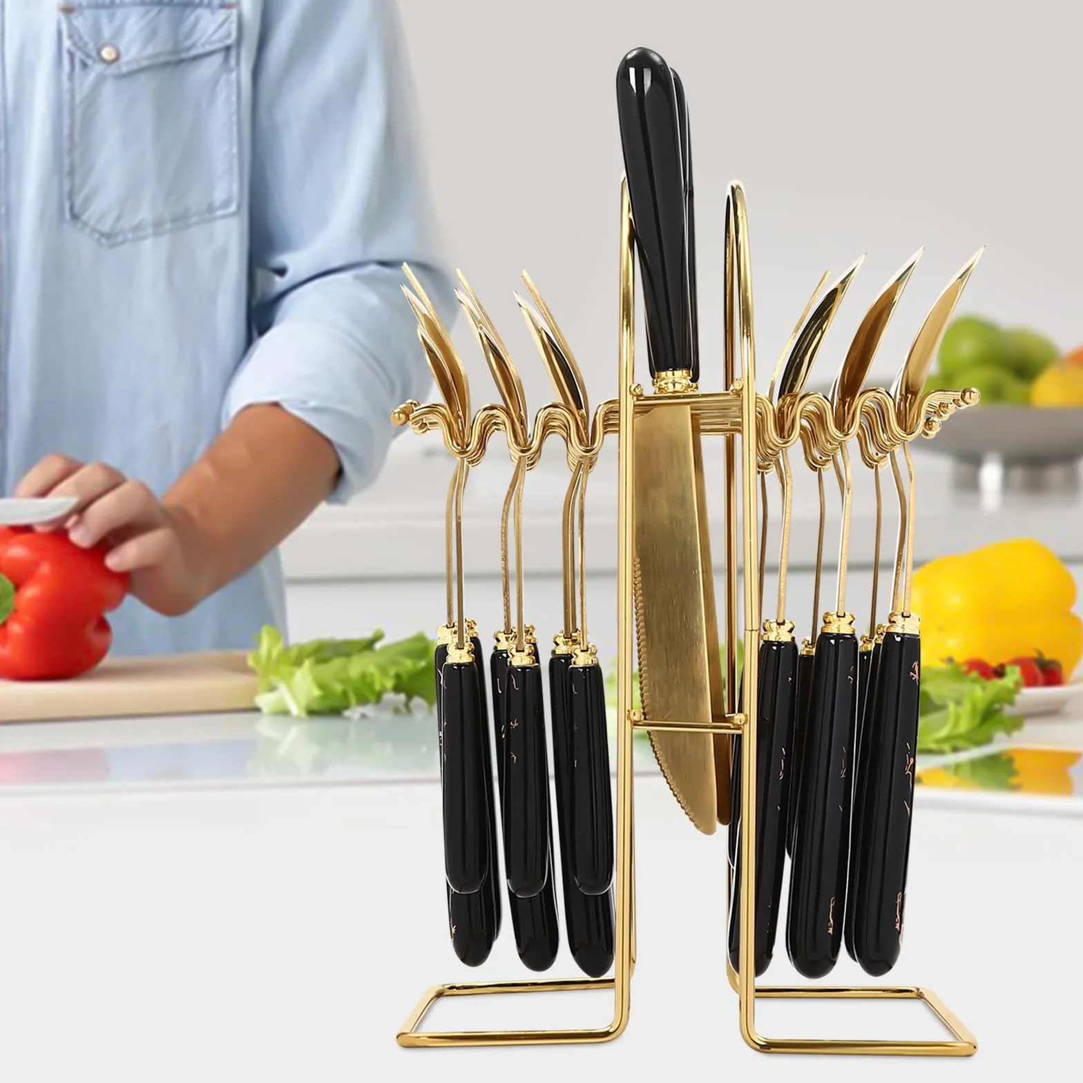 Juego de cubiertos de 24 piezas de acero inoxidable con soporte, hasta 6 personas, para familiares, reuniones de amigos, banquetes de vacaciones, bodas, etc.