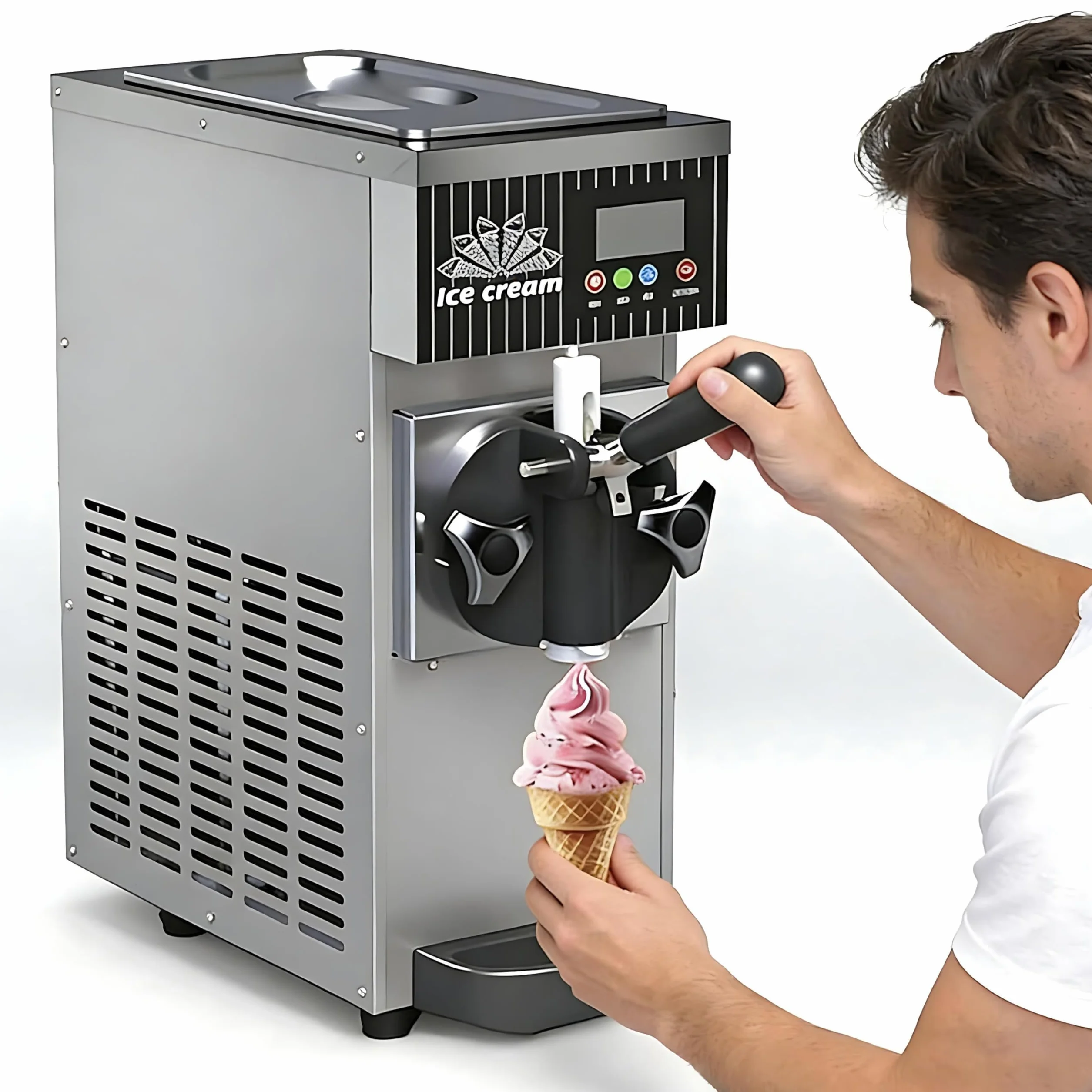 Heladera Mono Sabor de Sobremesa, Máquina Soft Serve 4-5 kg/h, Táctil LCD y Auto-Limpieza, para Bar, Cafetería, Restaurante, Tienda de Postres, Hogar, Chiringuito Metallic