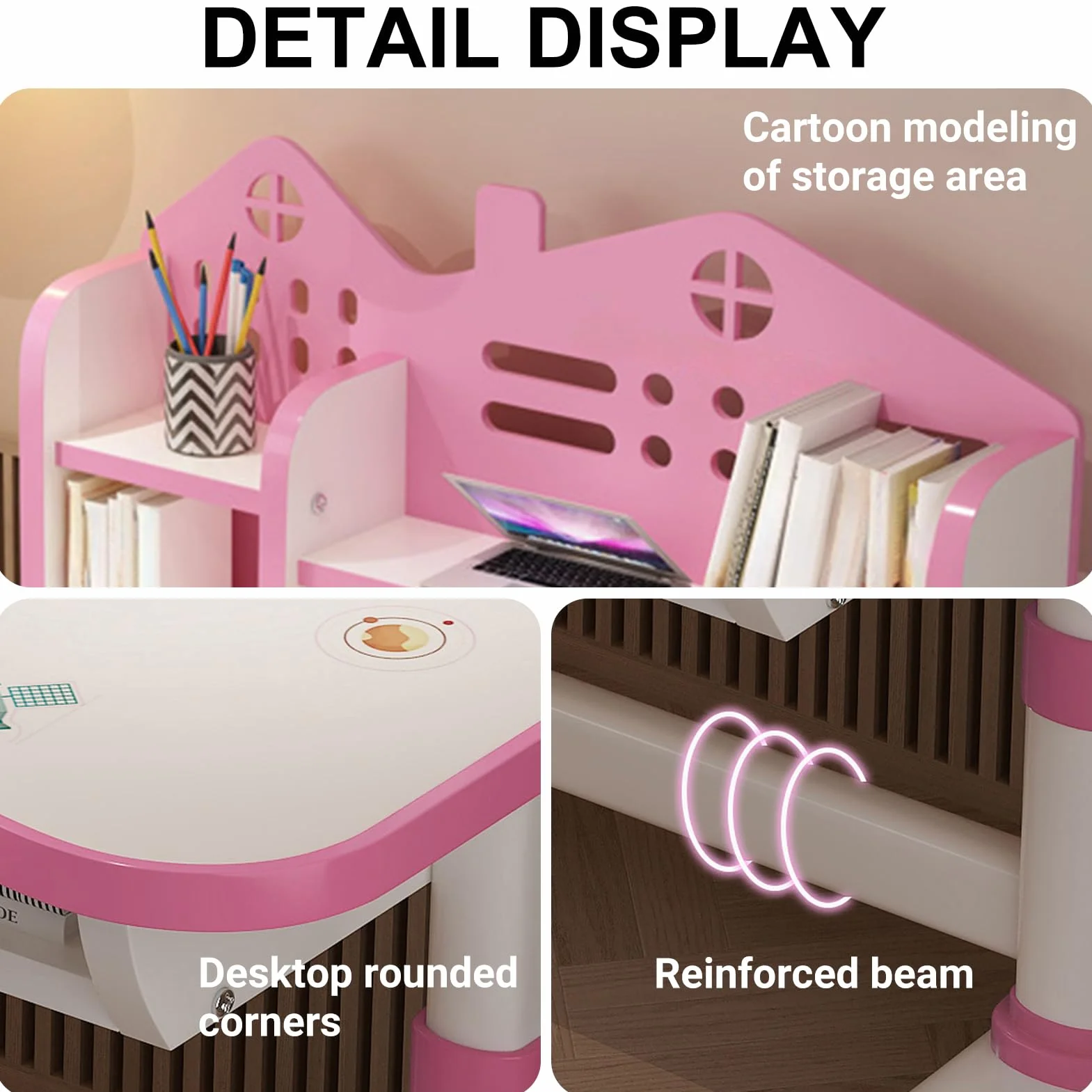 Escritorio de Estudio para Niños y Niñas con Silla Rosa Ajustable y Almacenamiento