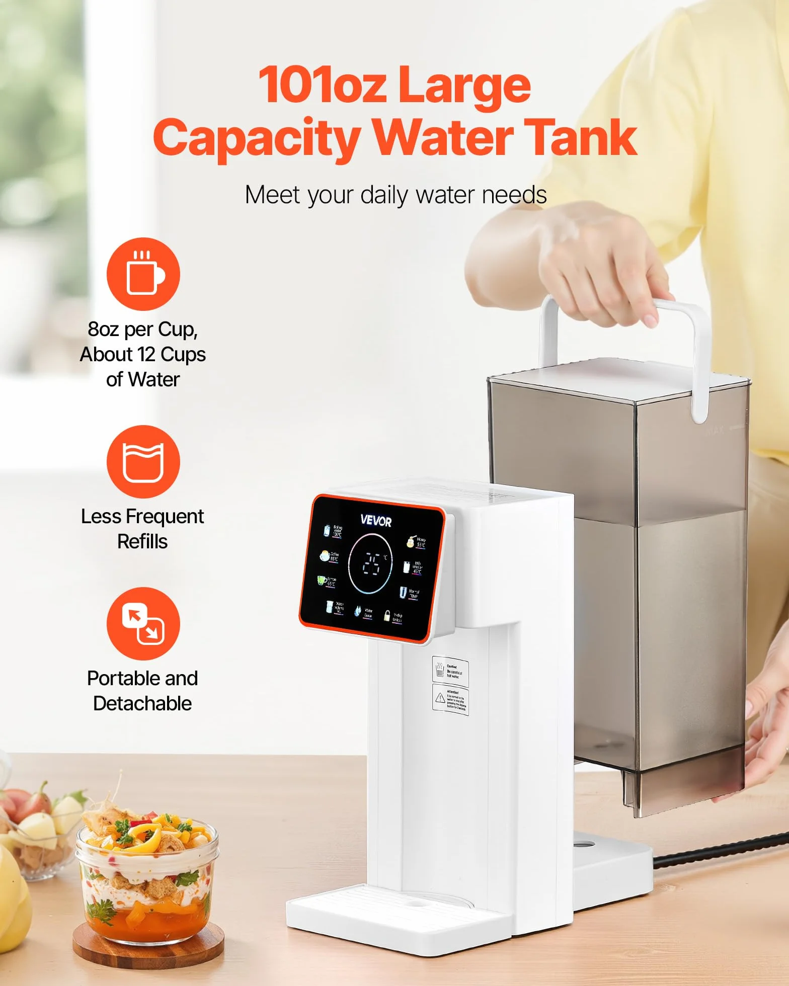 VEVOR Dispensador de Agua Caliente Instantáneo de Encimera con 6 Temperaturas Ajustables y 8 Volúmenes de Agua, Tanque Extraíble de 3 L, Calentamiento Rápido con Pantalla Táctil y Bloqueo, Blanco