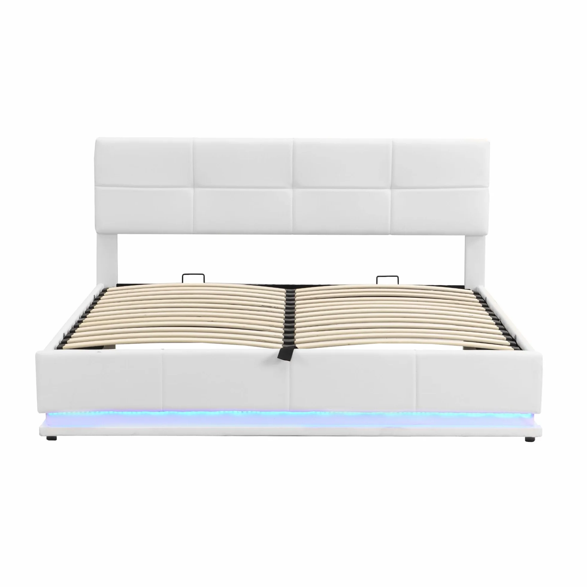 Merax Cama acolchada hidráulica de 180 x 200 cm, con espacio de almacenamiento, cama con iluminación LED, para jóvenes, adultos, piel sintética, color blanco (sin colchón)