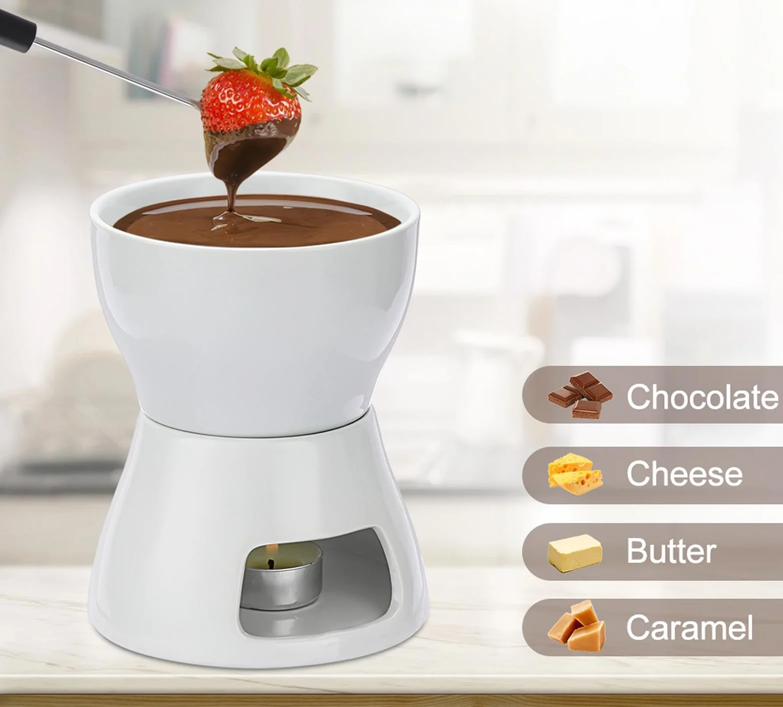 Juego de Fondue de Chocolate 400ML con 4 Tenedores, Cerámica Fundidor de Queso
