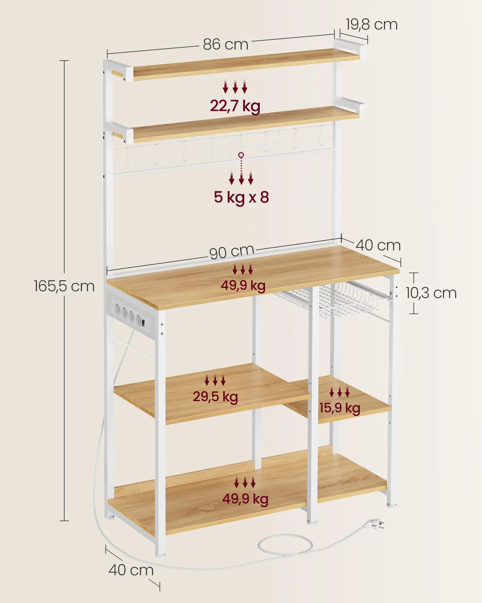 VASAGLE Estantería de Cocina con Enchufes, Estantería de Panadería, Barra de Café, 8 Ganchos en S, Cesta, Especiero, 40 x 90 x 165,5 cm, Roble Dorado y Blanco Nube KKS031Y19