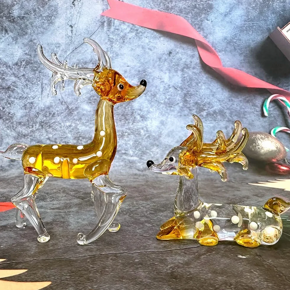 Figura de Ciervo de Cristal Dorado Hecho a Mano, Miniatura de Vidrio Soplado, Decoración Coleccionable