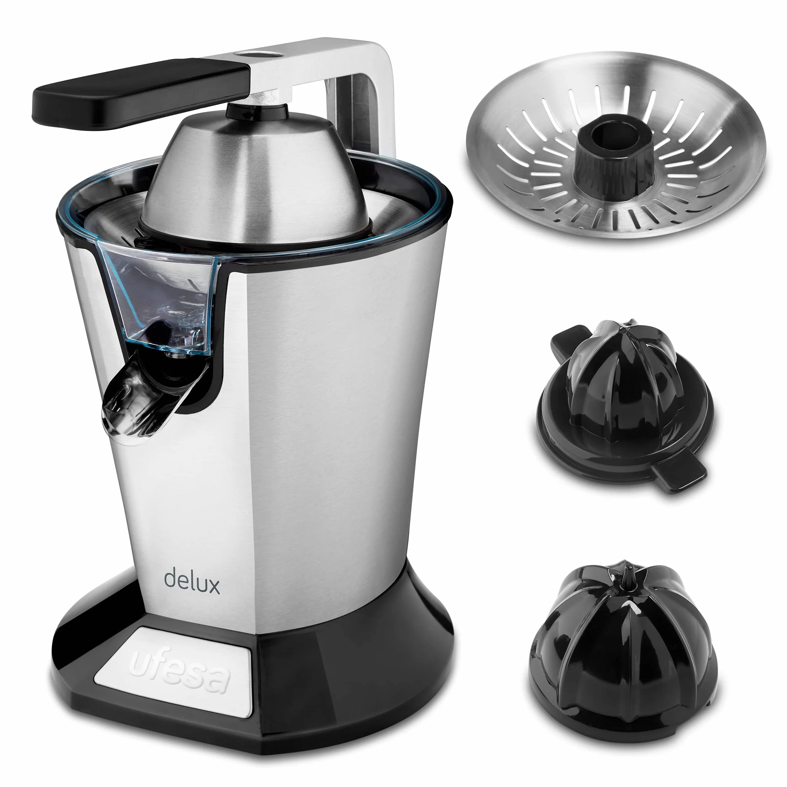 Ufesa EX4950 Exprimidor Eléctrico de Brazo, 600W, Vertido Continuo, Sistema Antigoteo, Doble Cono, Filtro de Acero Inoxidable, Brazo para la Extracción del Zumo, Desmontable, Sin BPA, Negro Inox