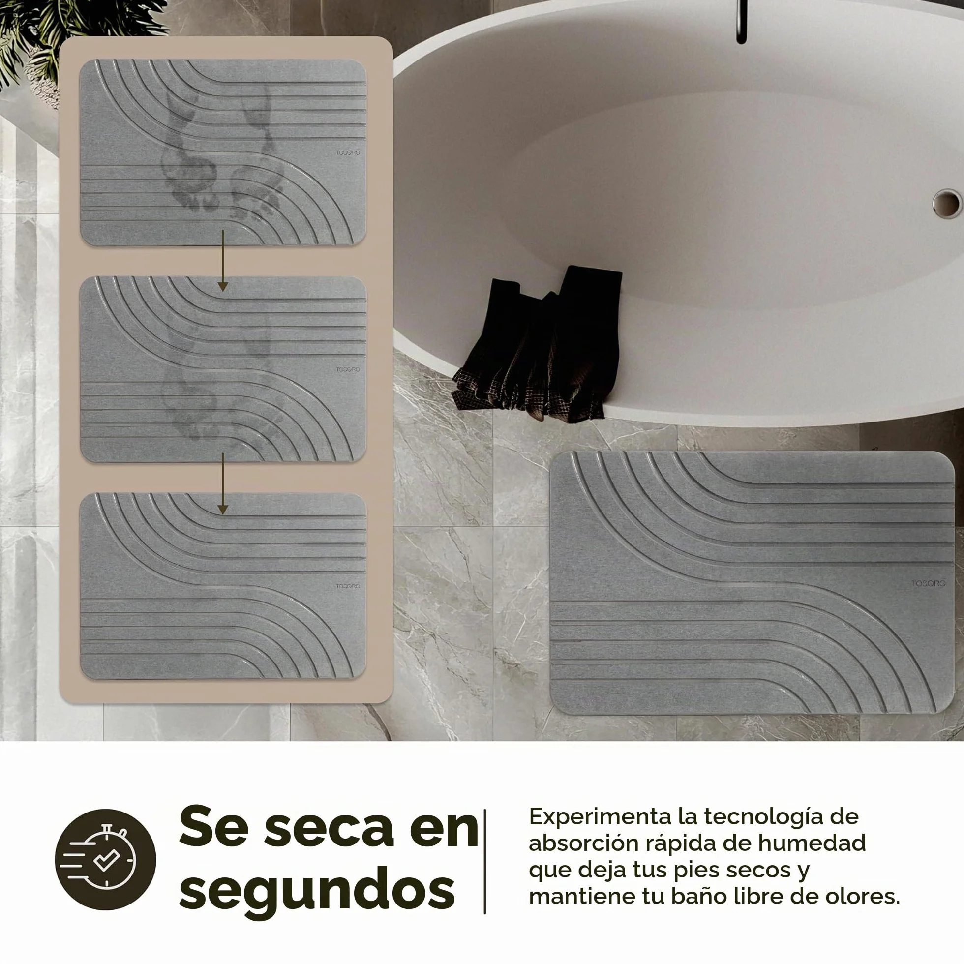 TOSORO Alfombrilla de baño de Piedra, Alfombra Antideslizante de Tierra de diatomeas para Ducha, Secado rápido y Absorbente, diseño Elegante y Moderno, fácil de Limpiar, 60 x 38 cm, Color Grafito