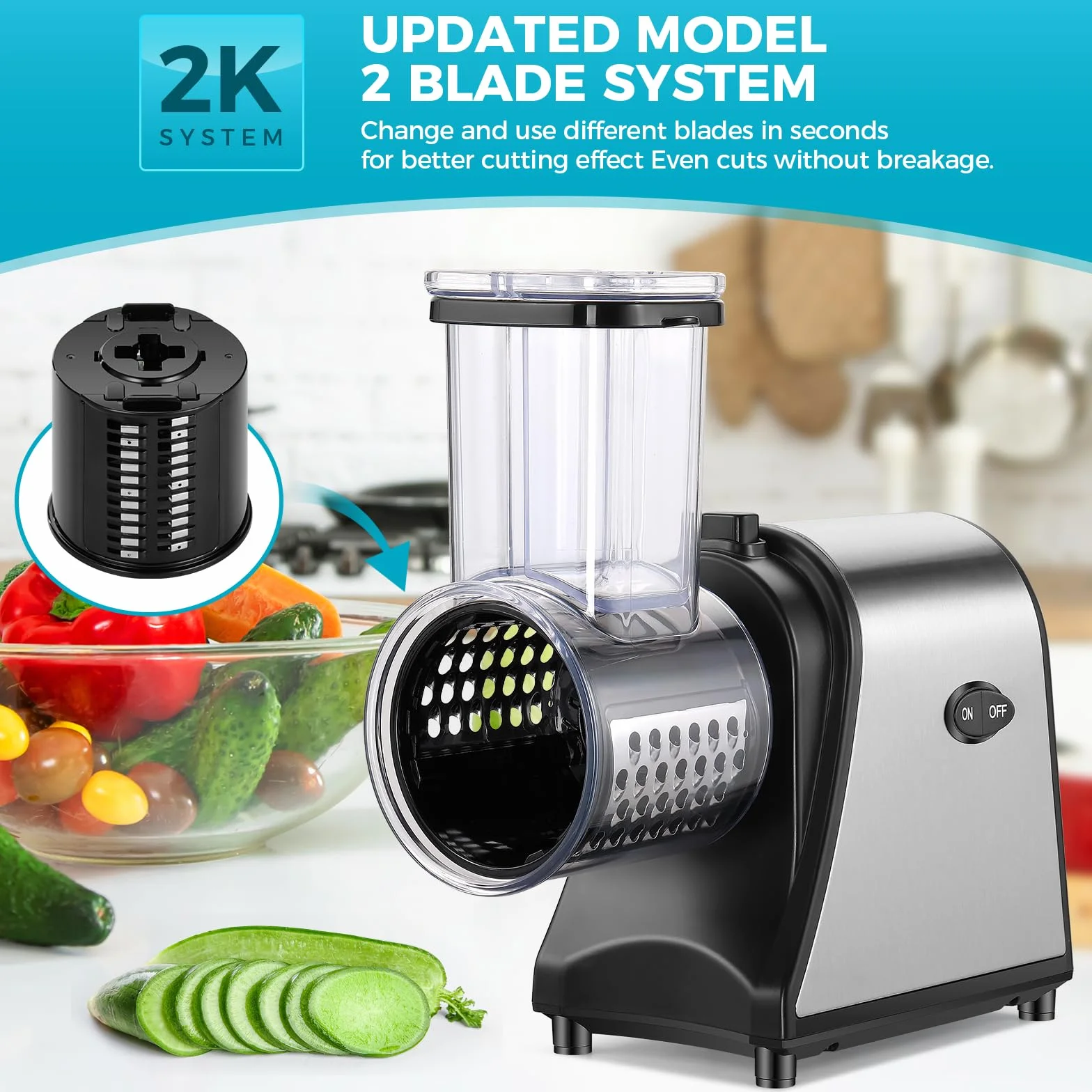 Nictemaw Cortador de Verduras Eléctrico Profesional 250W – Rallador de Queso Acero Inoxidable y Mandolina con 5 Cuchillas – Boca Extra Ancha 9,2cm para Frutas – Rápido Meal Prep
