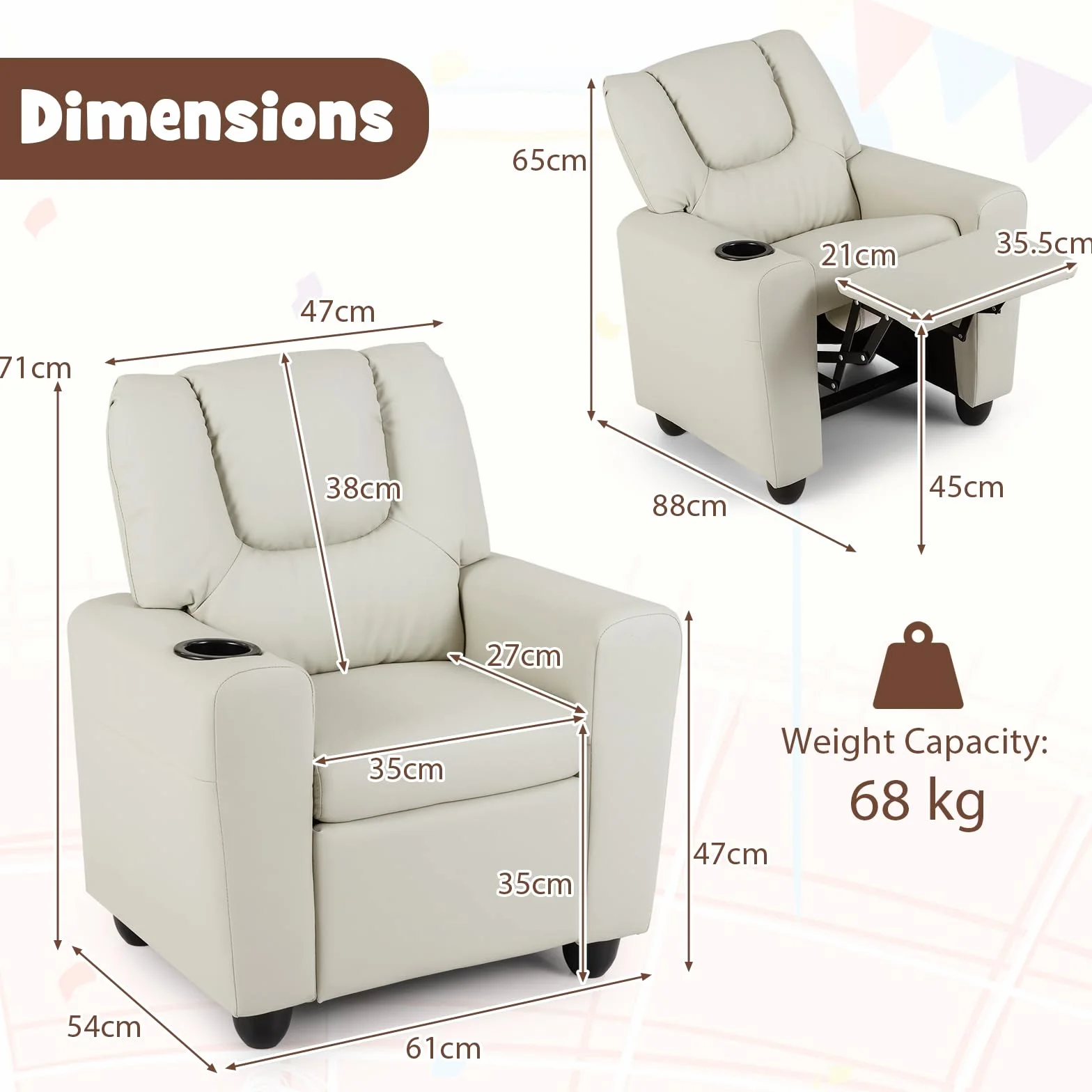 LIFEZEAL Sofá infantil, sillón infantil con función reclinable, sillón relax 2 en 1 para niños, sofá infantil con reposapiés ajustable y soporte para bebidas, sofá pequeño para habitación infantil