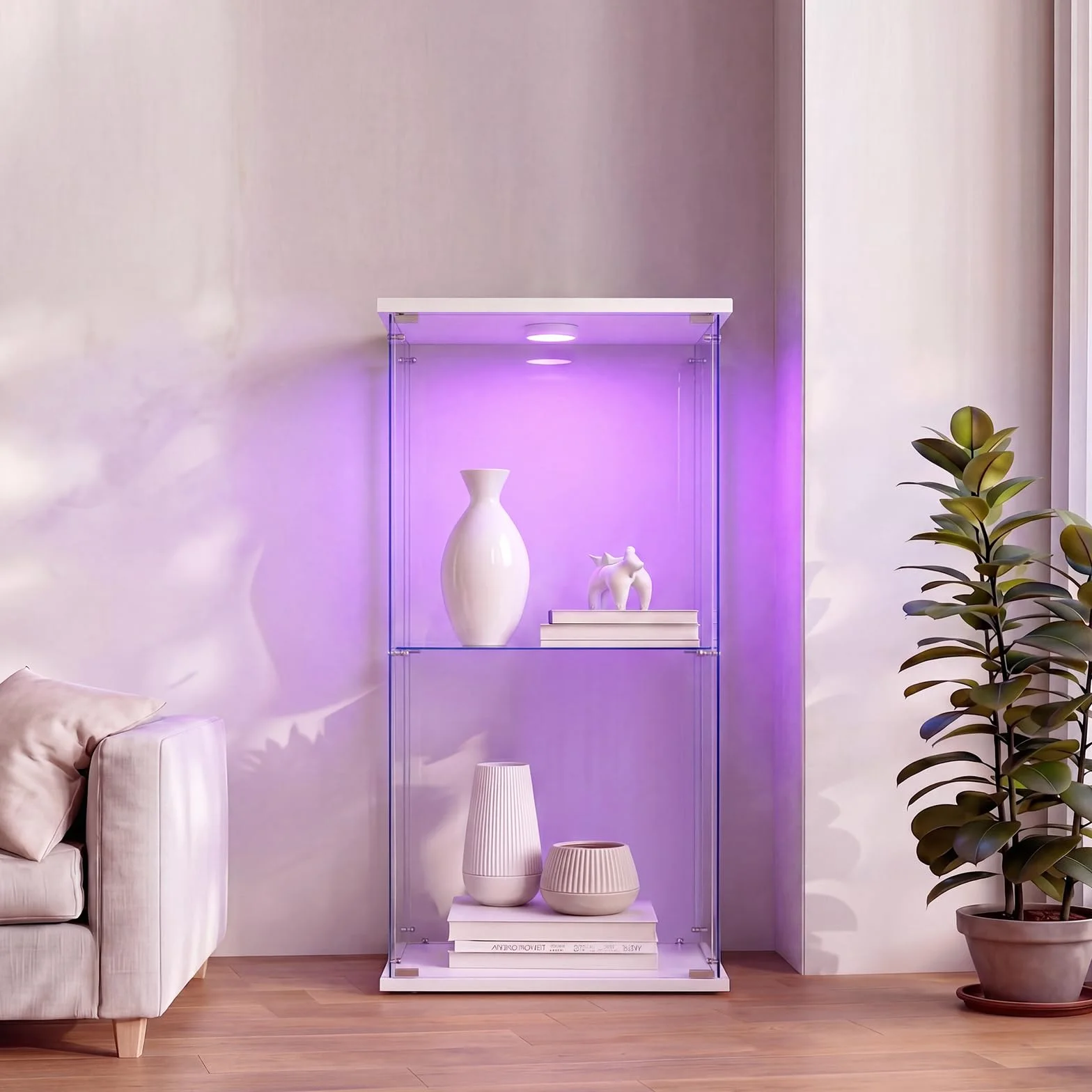 Vitrina de Cristal con Luces LED y Cerradura, Armario Expositor de Vidrio Templado con 1 Puerta y 2 Estantes, Cristalera Vitrina Expositora para Salón y Colección, 86×40×36,5 cm, Blanco